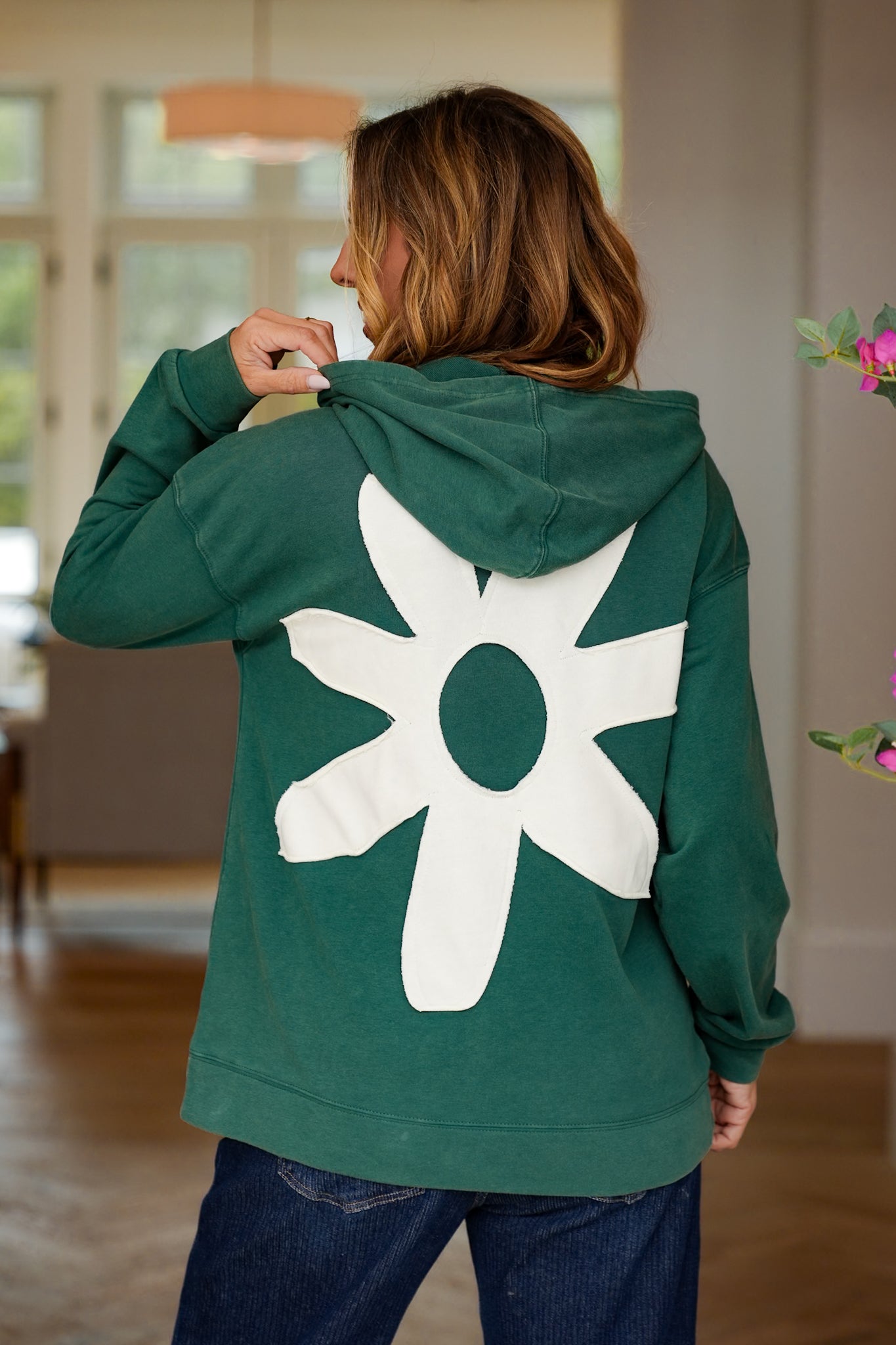 Long Sleeve Hooded Top with Flower Patch