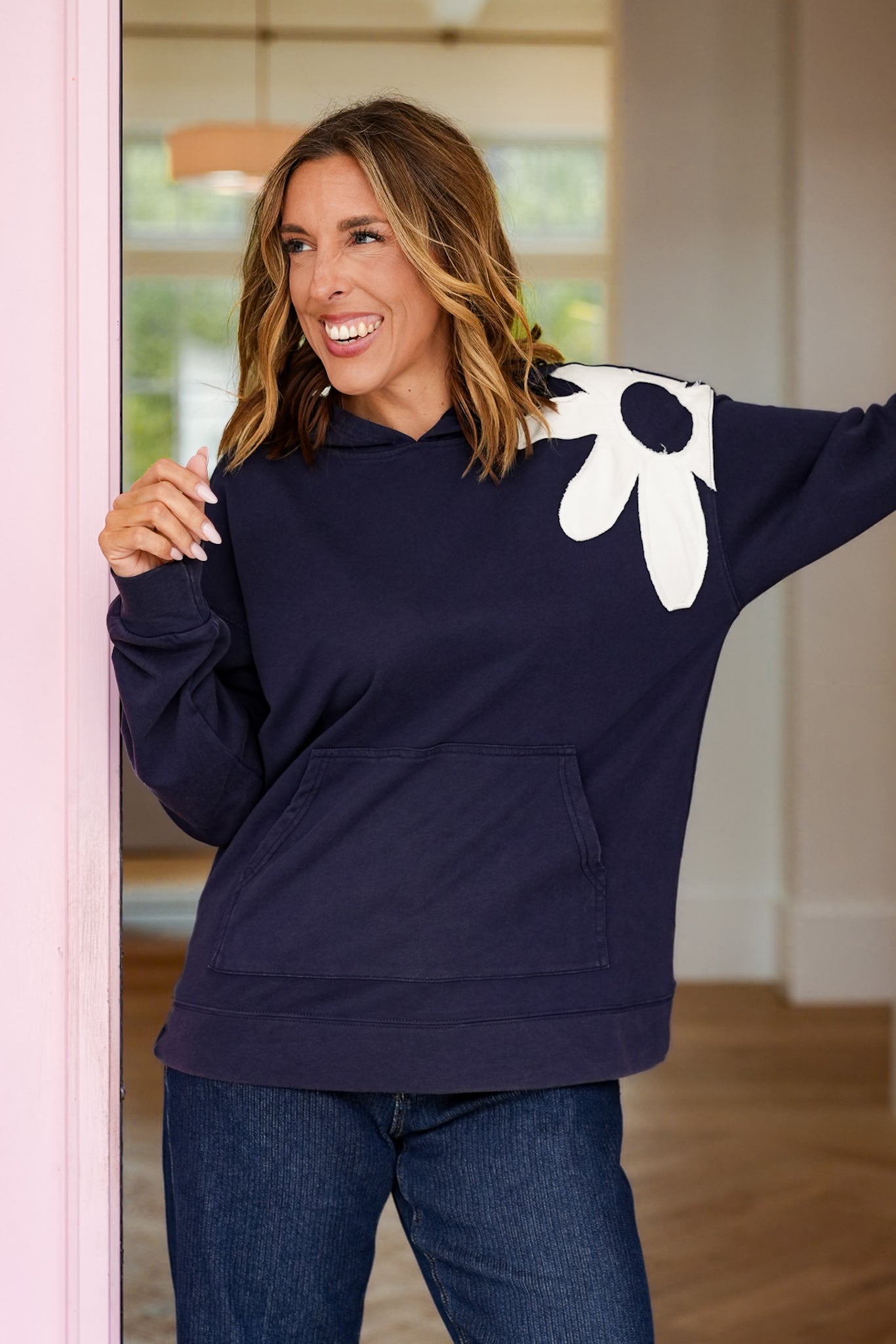 Long Sleeve Hooded Top with Flower Patch