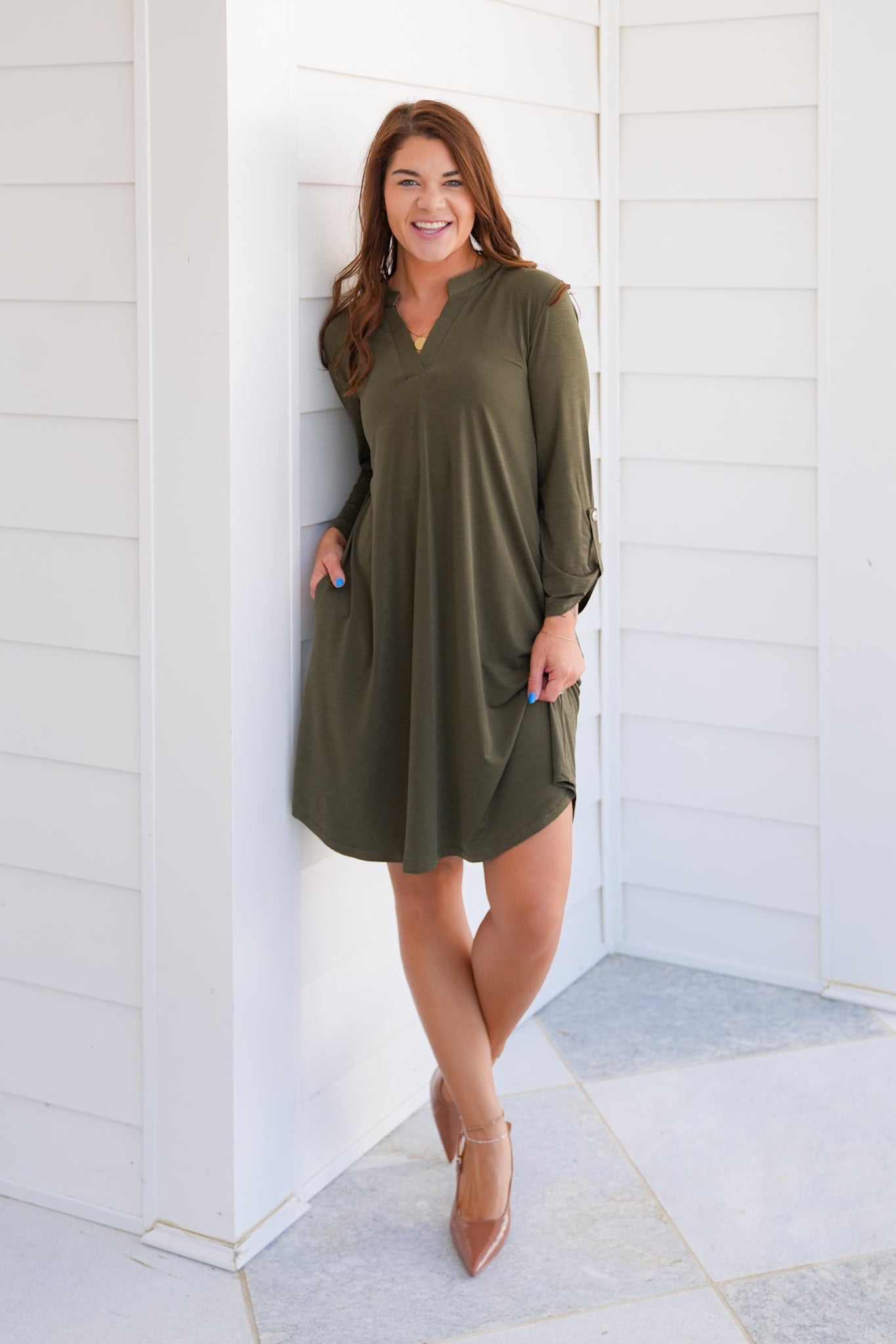 Door Buster! Plus/Reg Solid Button Tab Sleeve Split Neck Dress