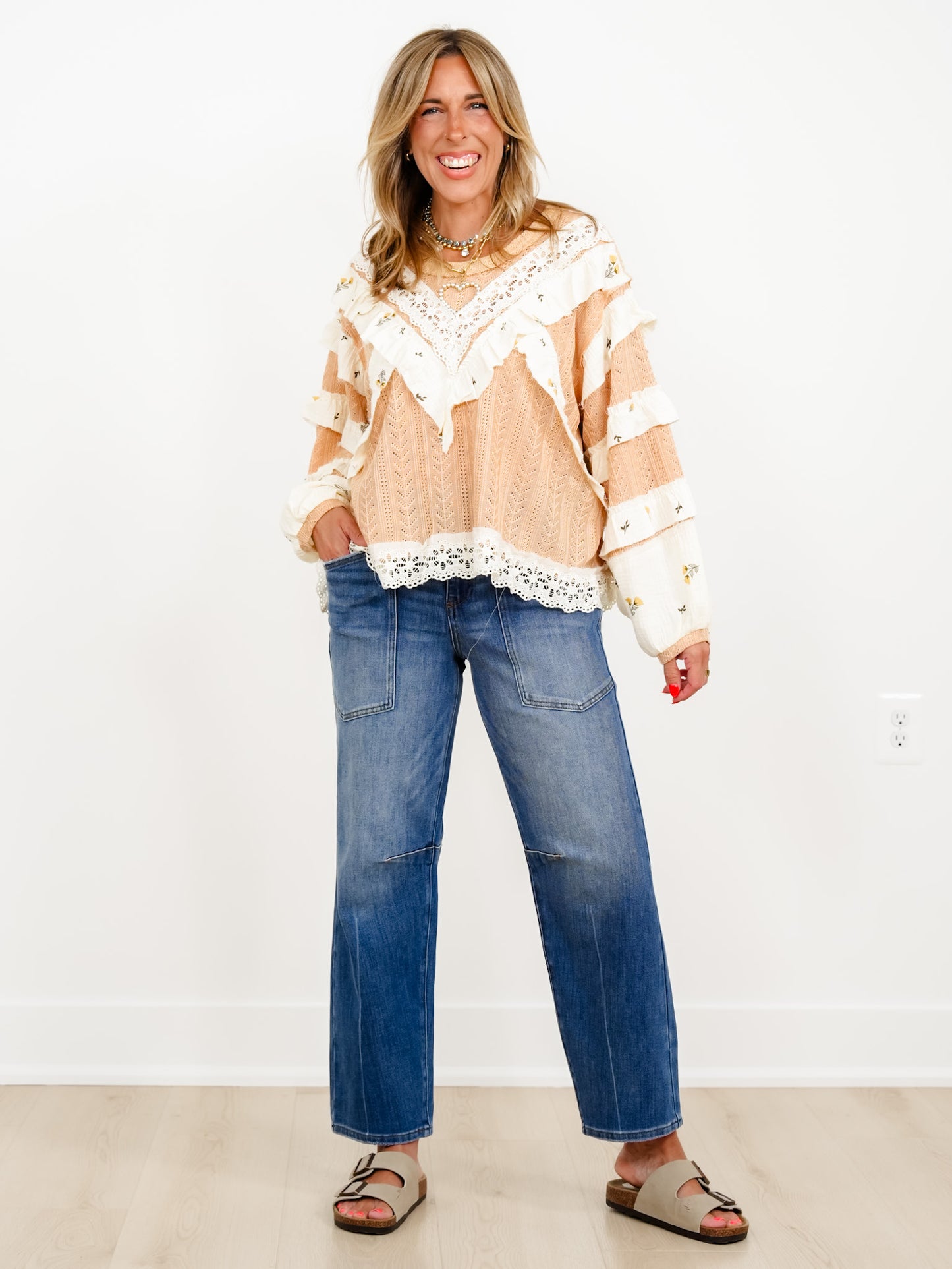 POL Textured Long Sleeve Top with Floral Ruffle Detail
