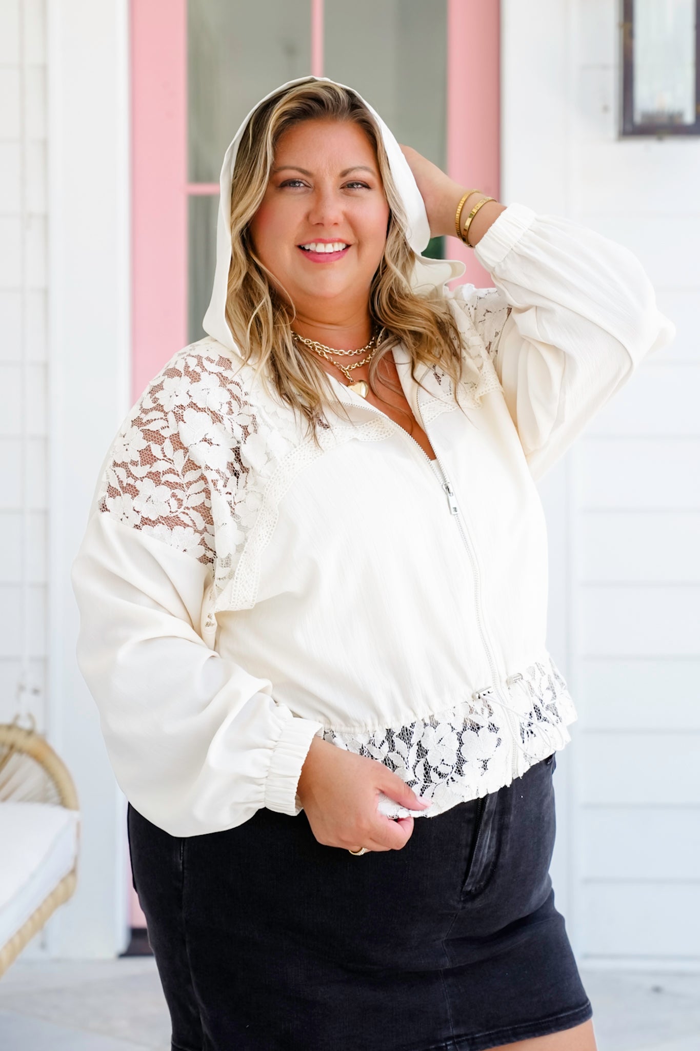 Cream Long Sleeve Zip Up Hoodie Jacket with Lace Detail
