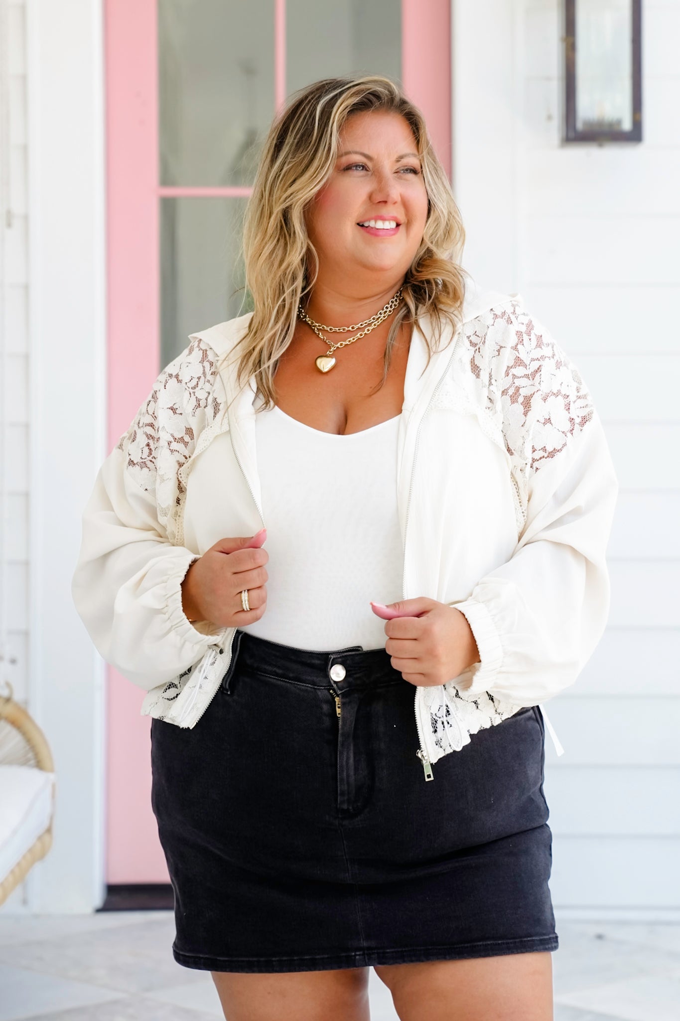 Cream Long Sleeve Zip Up Hoodie Jacket with Lace Detail