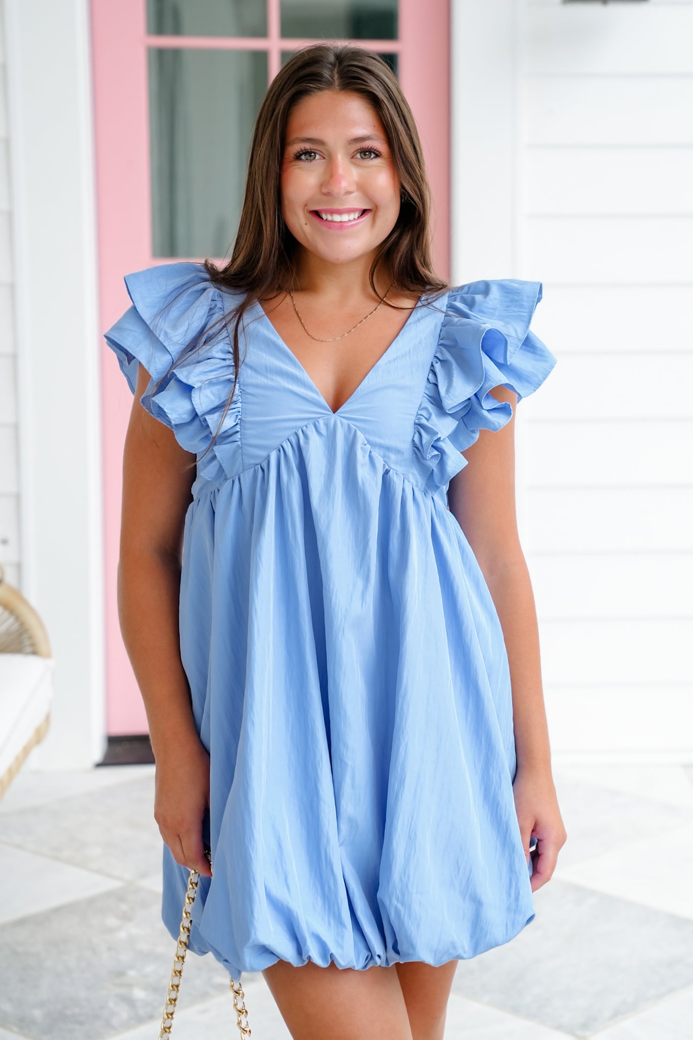 Ruffle Sleeve V Neck Bubble Hem Mini Dress