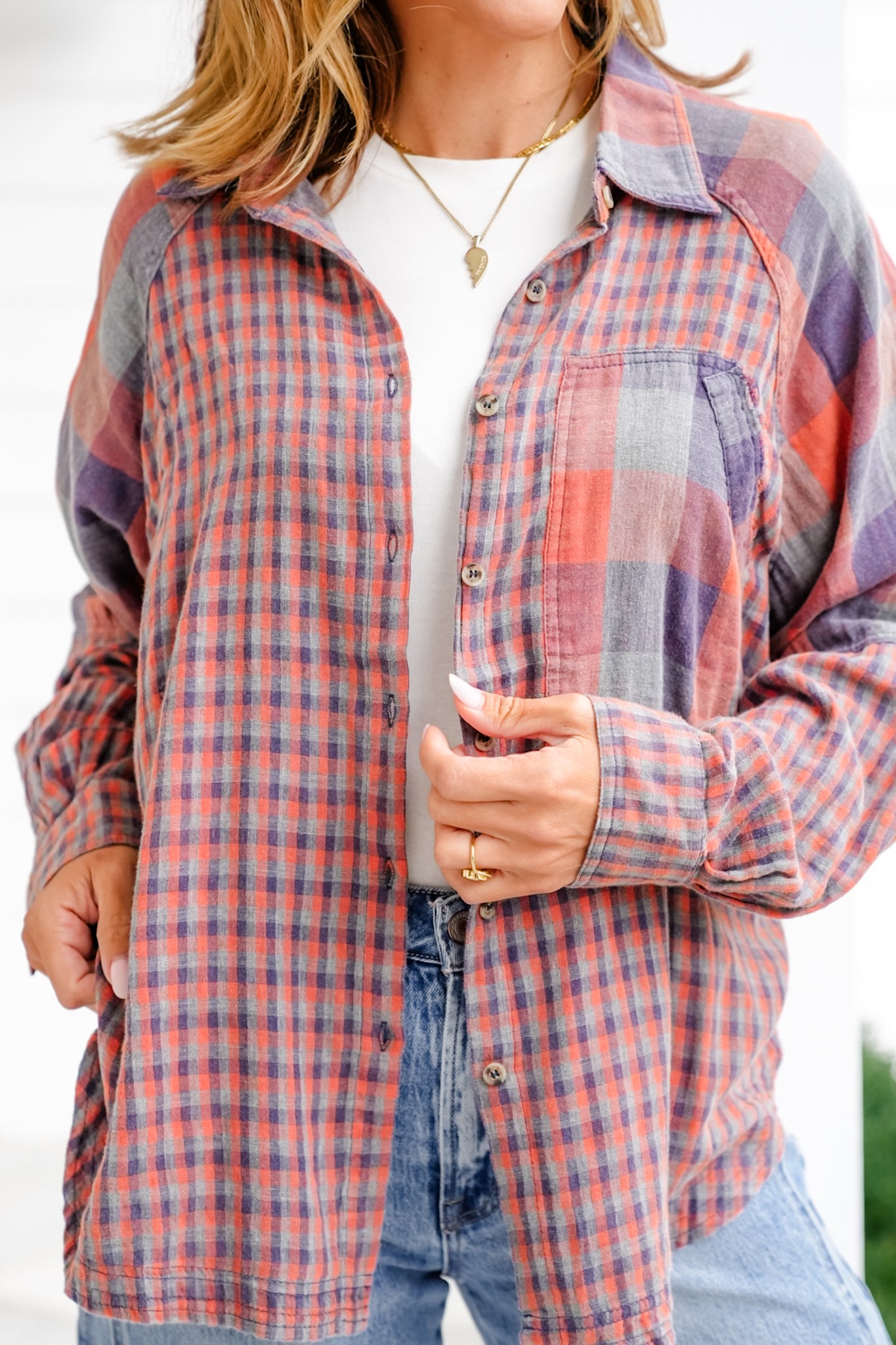 Mixed Plaid Long Sleeve Button Down Top