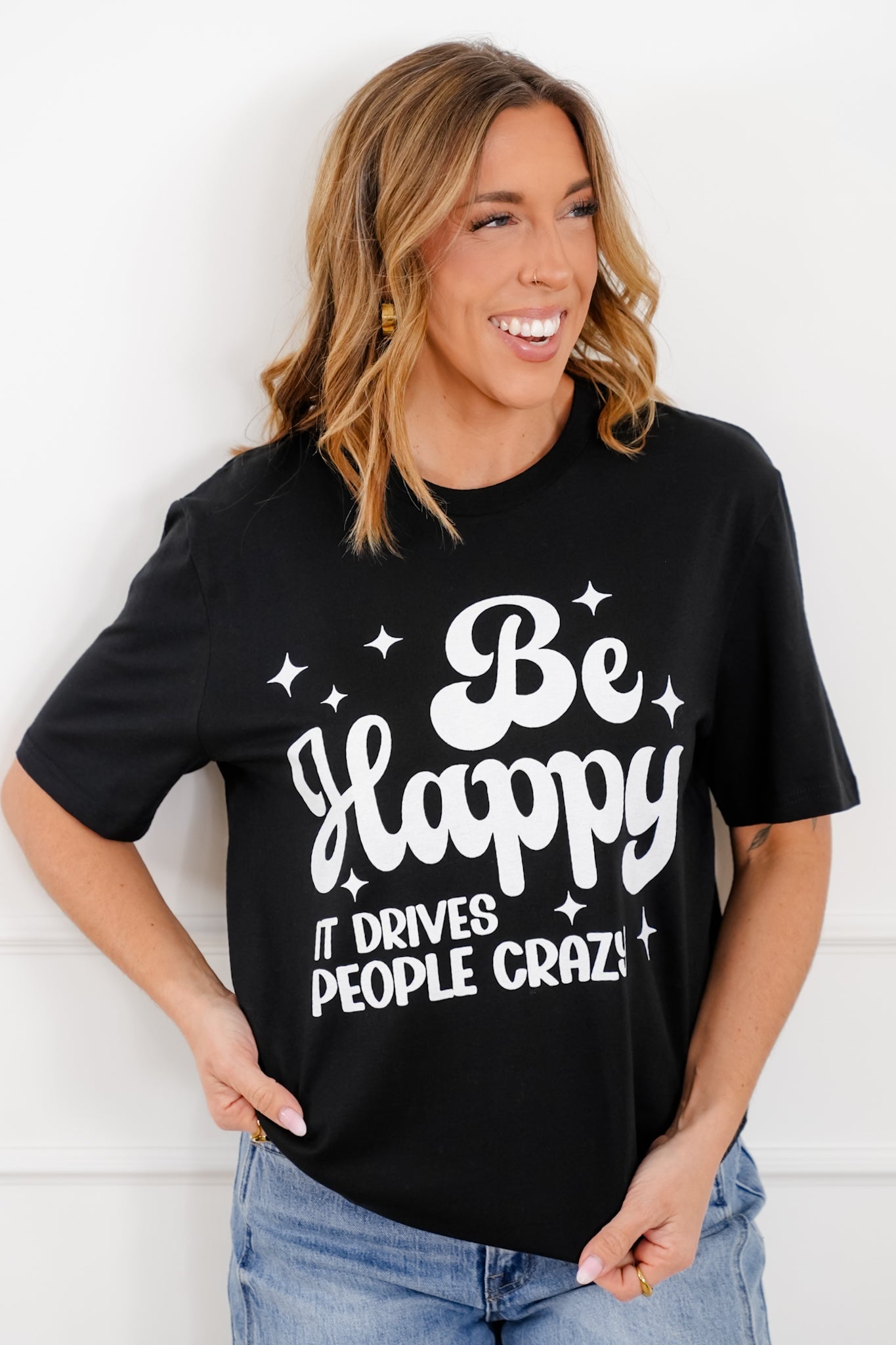 Plus/Reg Short Sleeve "Be Happy" Graphic Tee