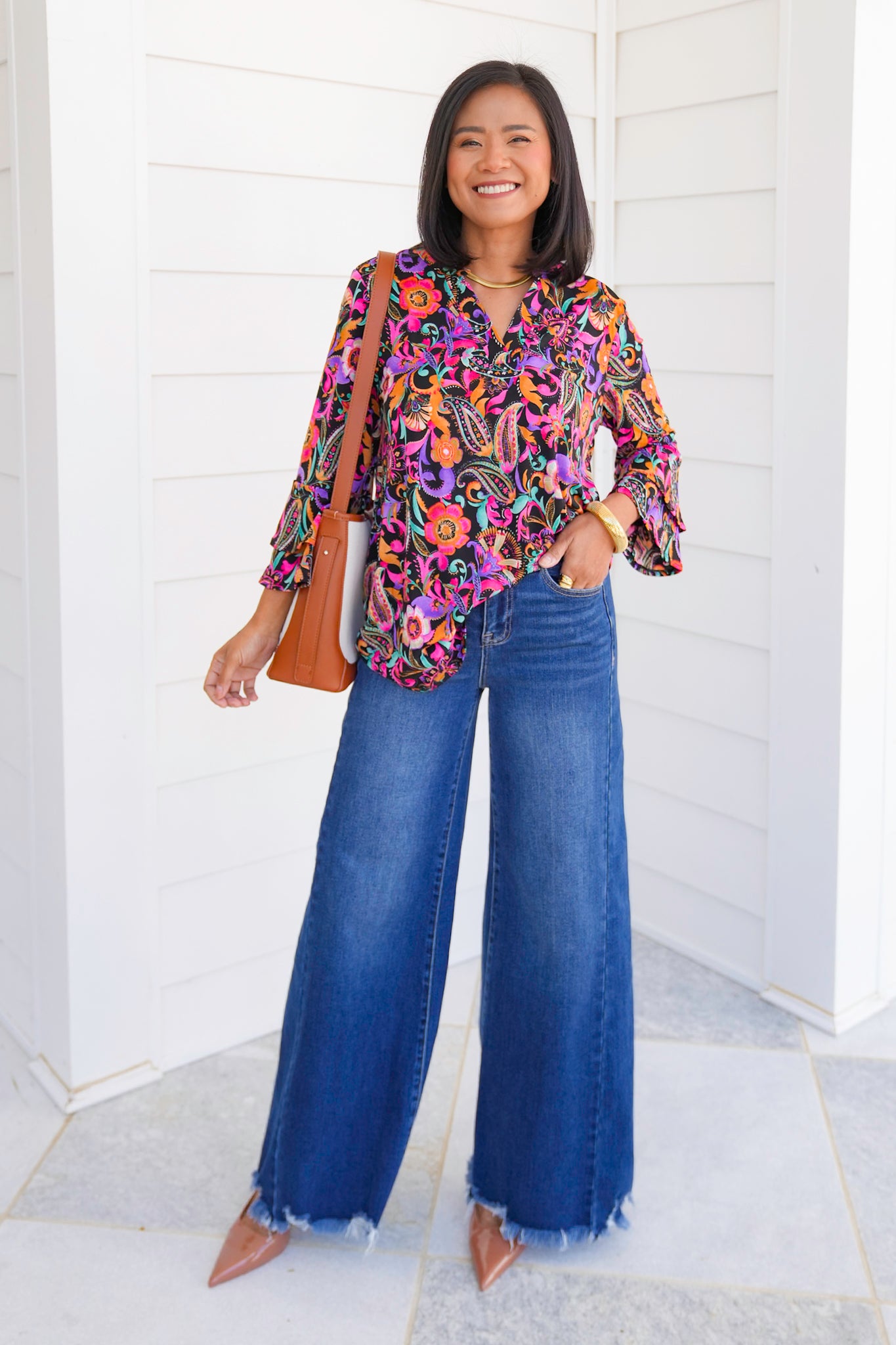 Plus/Reg Black Floral Print Long Bell Sleeve Tunic Top