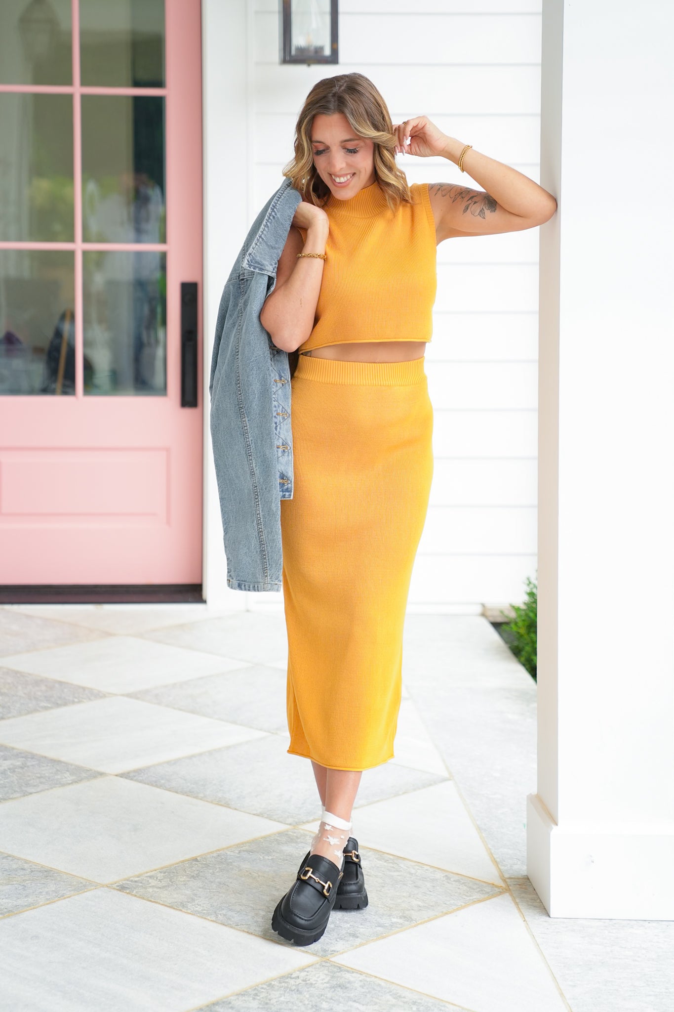 Orange Ribbed Knit Midi Skirt