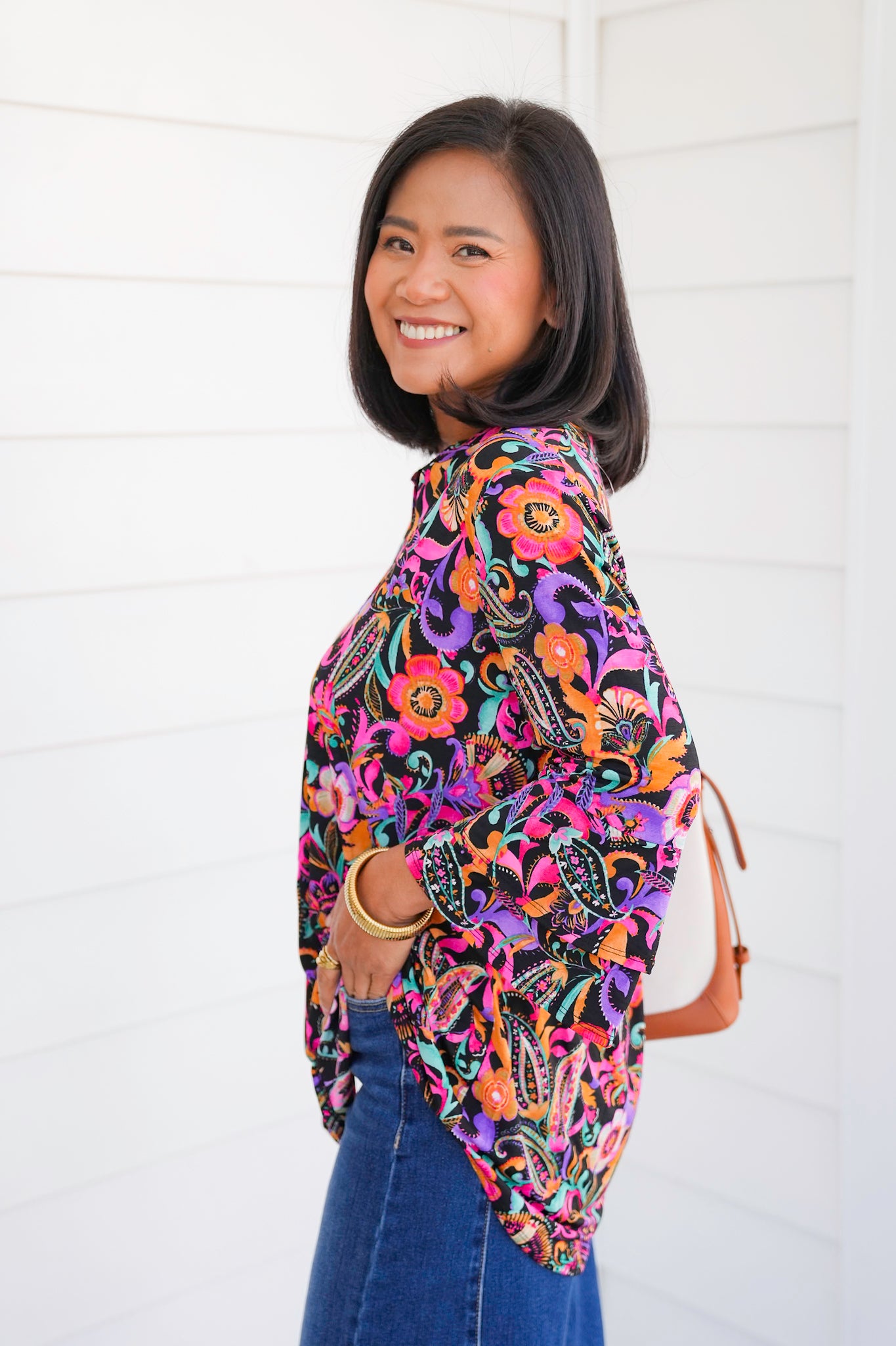 Plus/Reg Black Floral Print Long Bell Sleeve Tunic Top