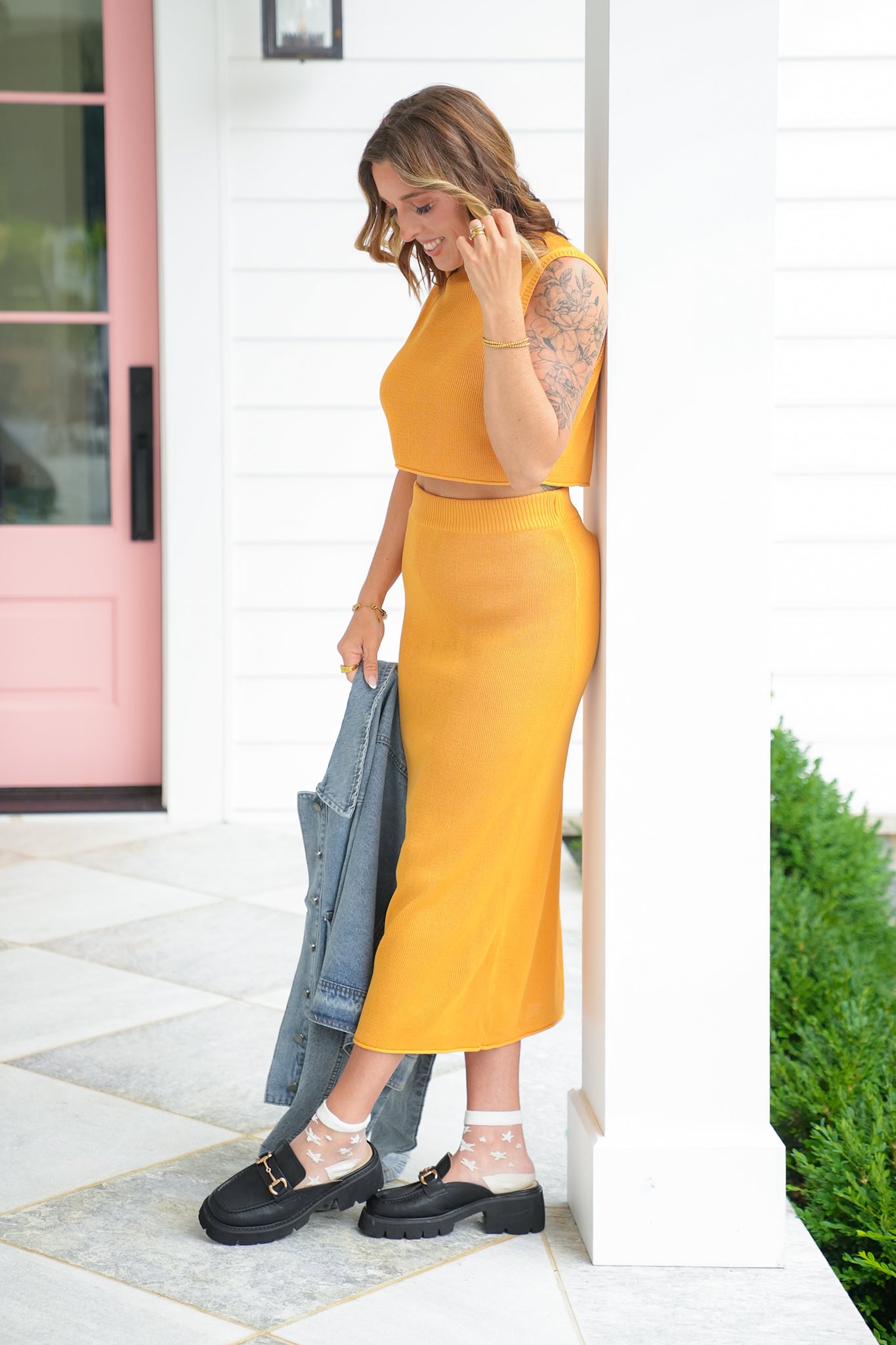 Orange Ribbed Knit Midi Skirt