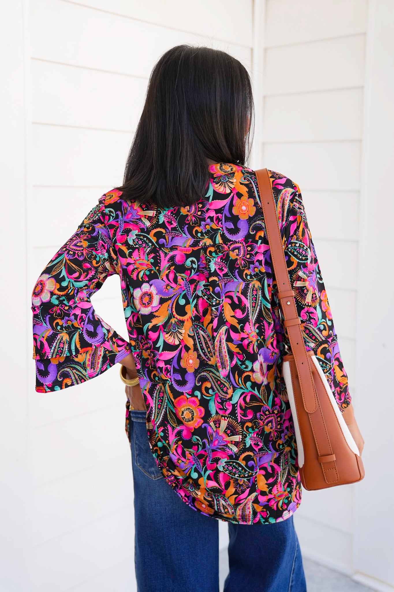 Plus/Reg Black Floral Print Long Bell Sleeve Tunic Top