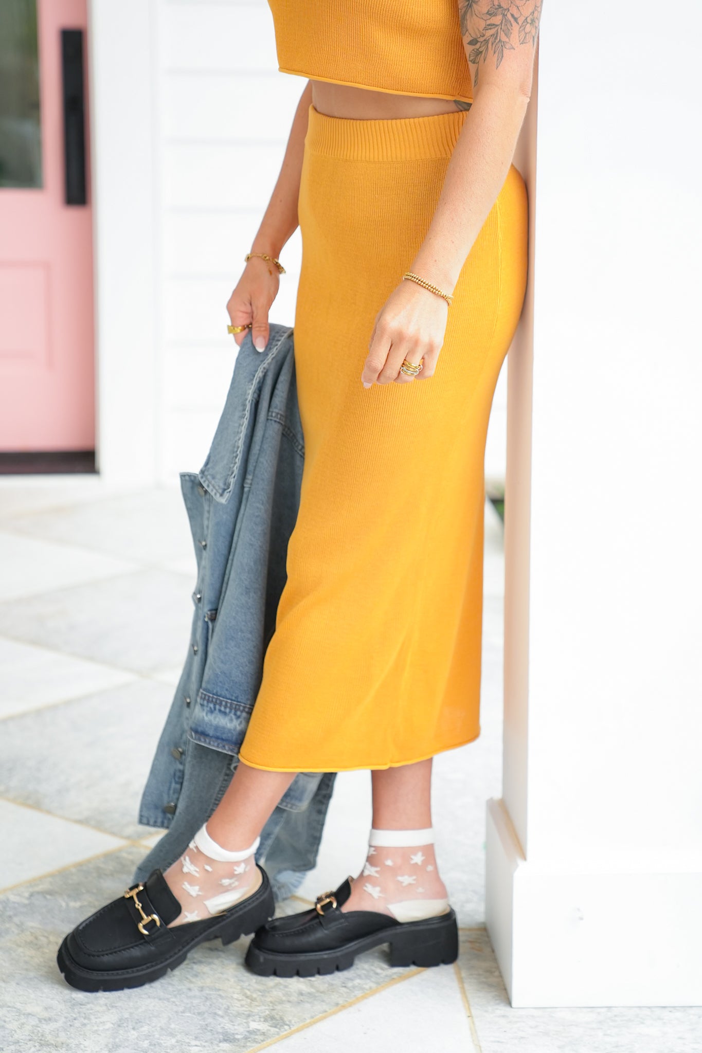 Orange Ribbed Knit Midi Skirt