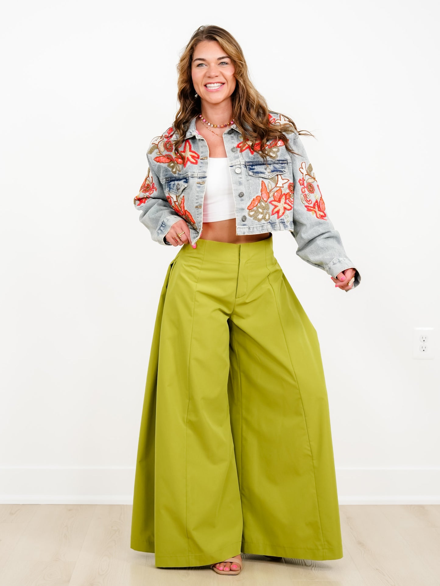 POL Embroidered Long Sleeve Button Down Cropped Jacket