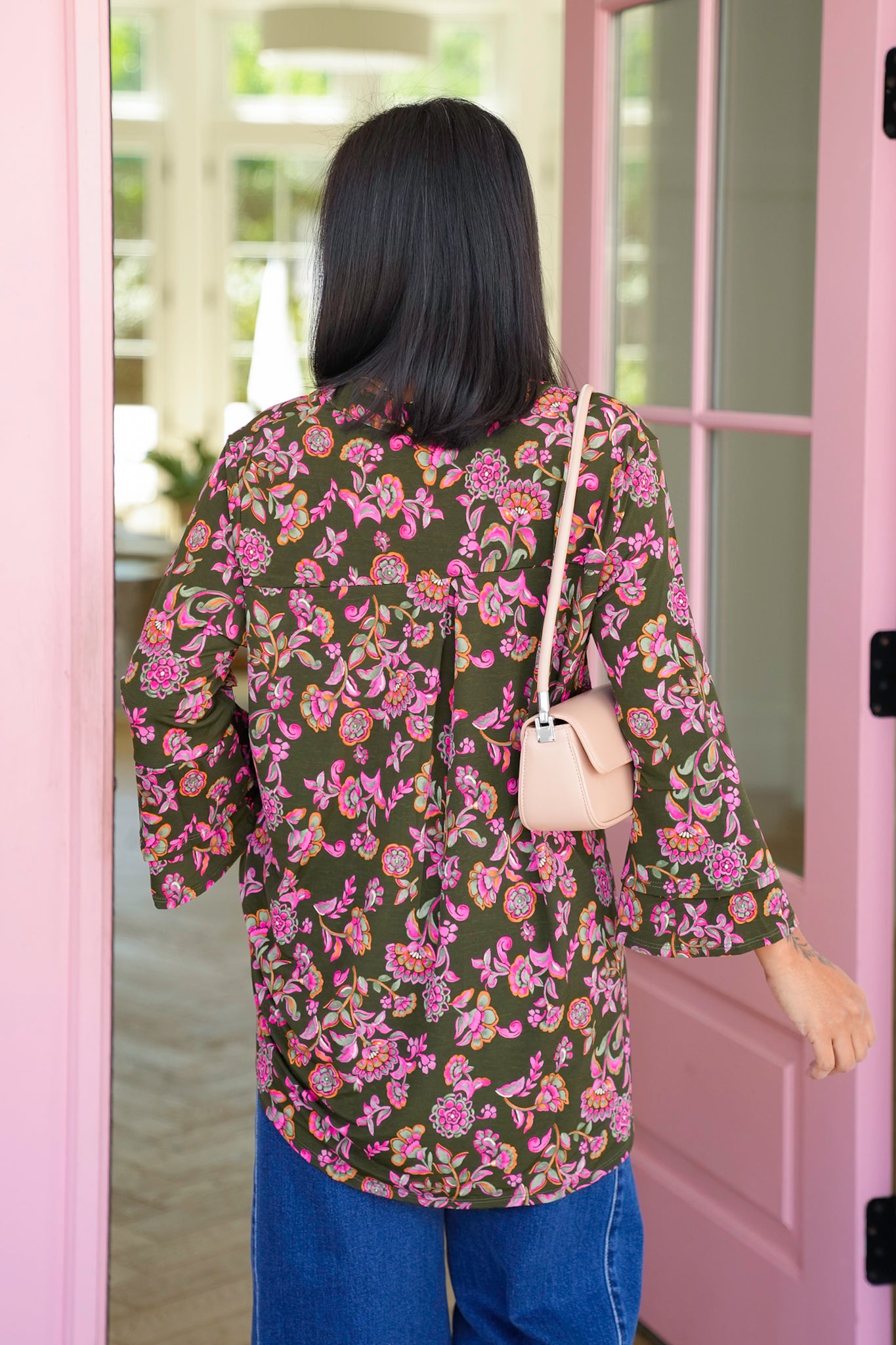 Plus/Reg Olive Floral Long Bell Sleeve Tunic Top
