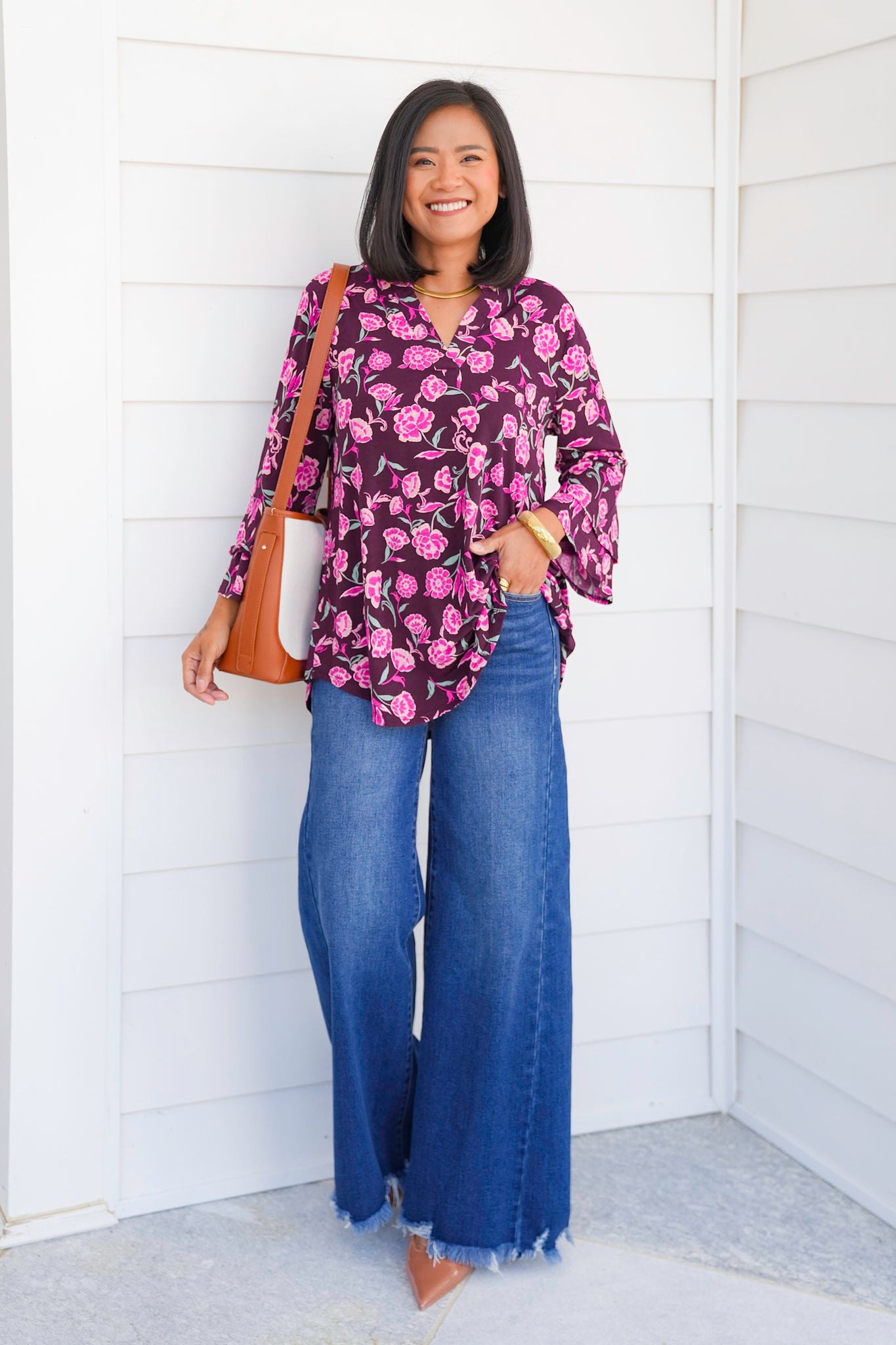 Plus/Reg Floral Print Long Bell Sleeve Tunic Top