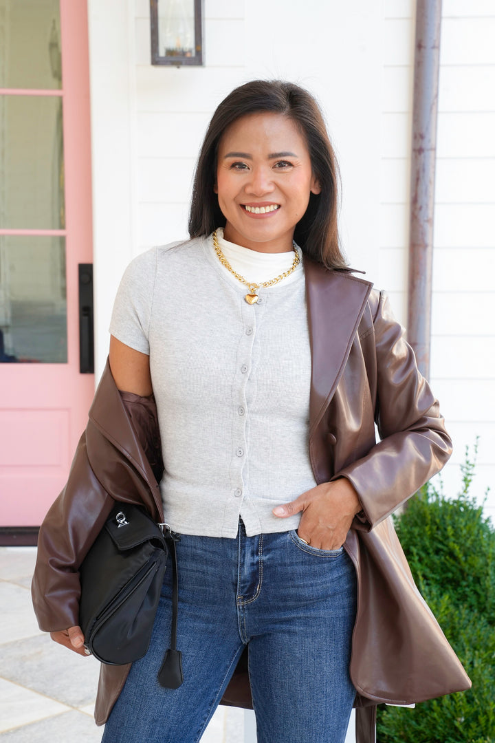 Grey Ribbed Short Sleeve Button Down Top