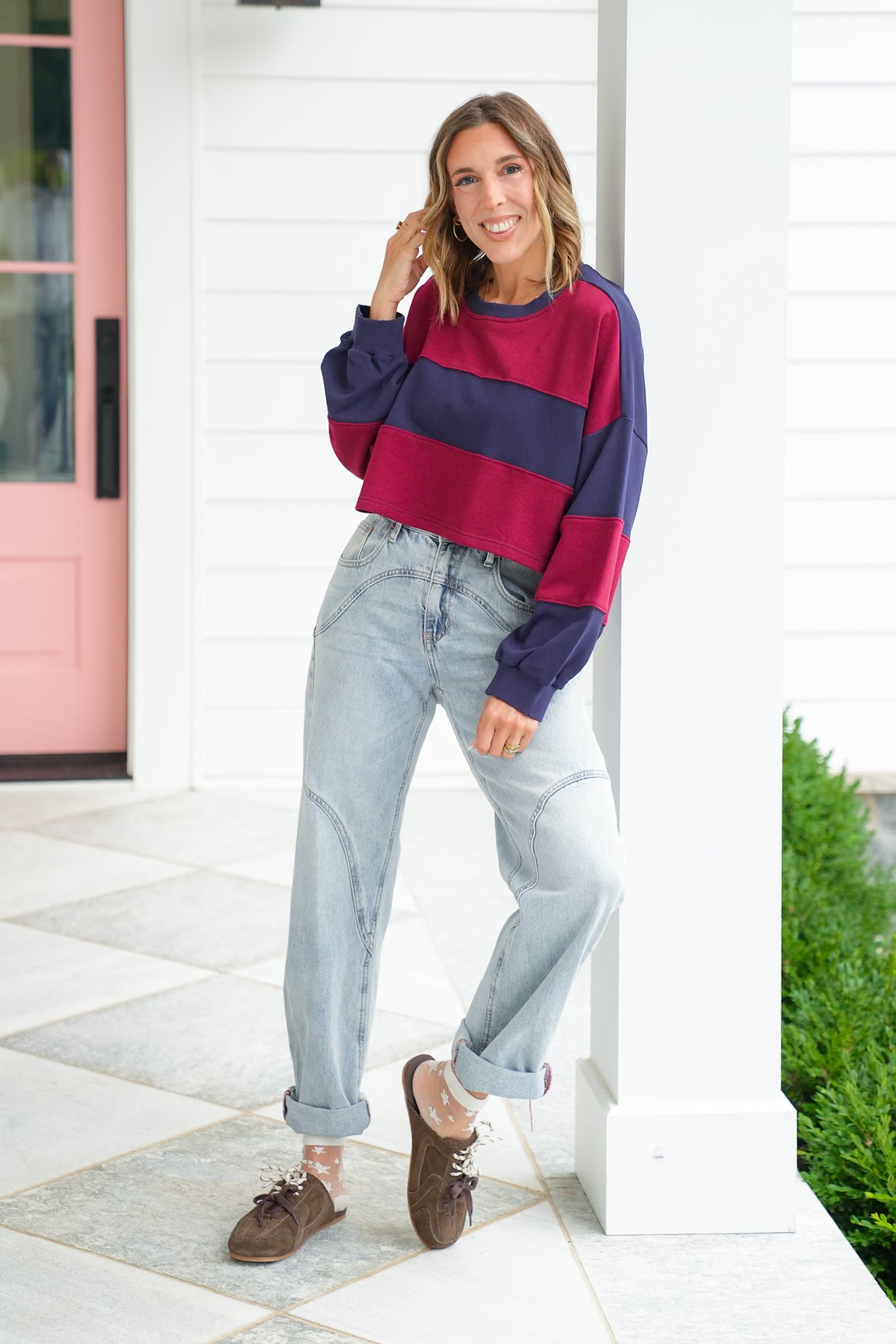 Color Block Long Sleeve Cropped Pullover Top