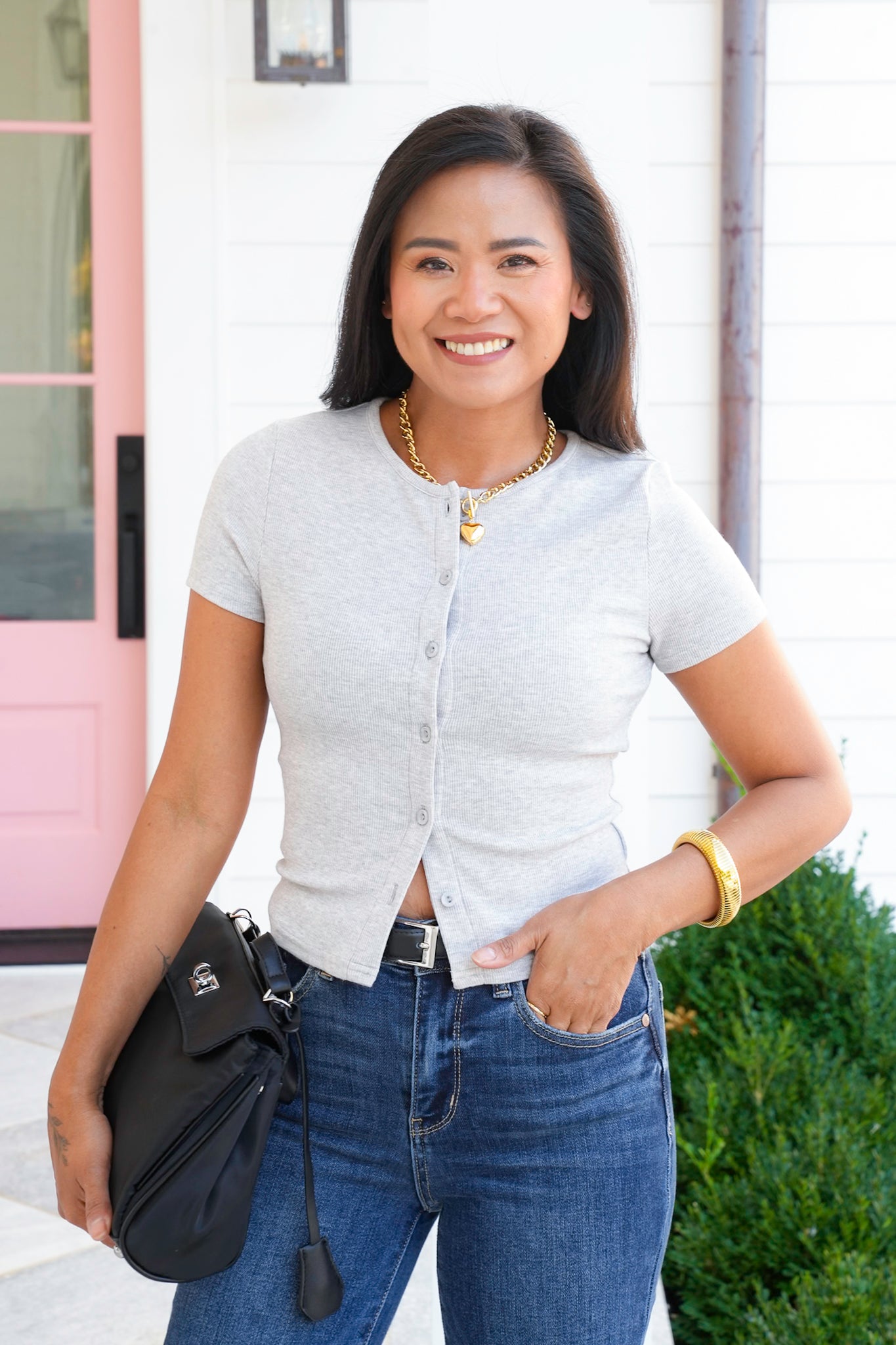 Grey Ribbed Short Sleeve Button Down Top