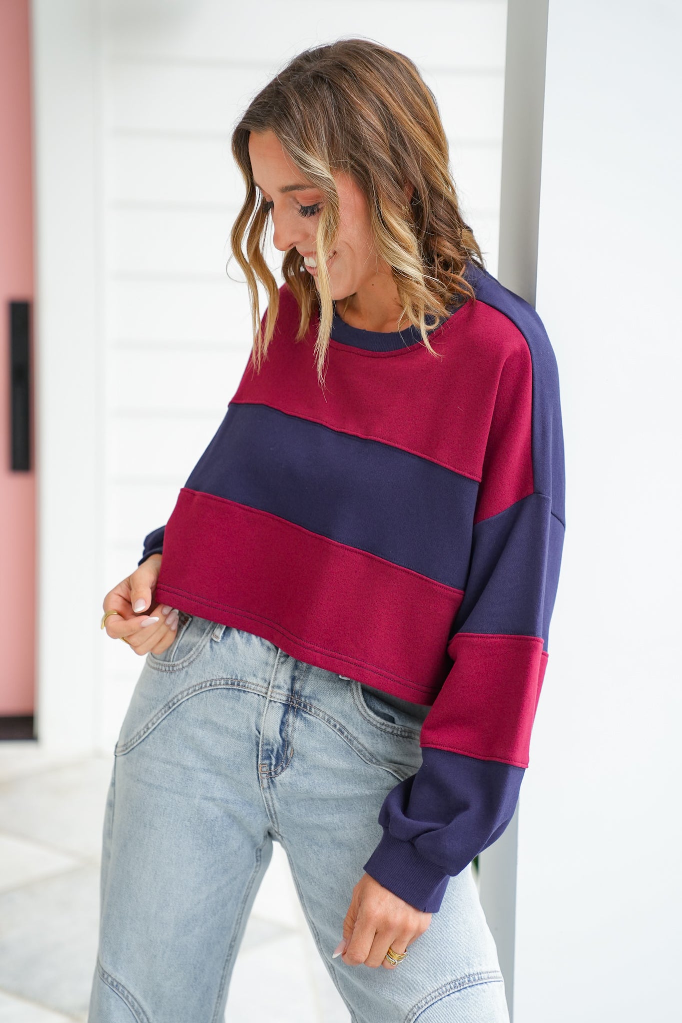 Color Block Long Sleeve Cropped Pullover Top