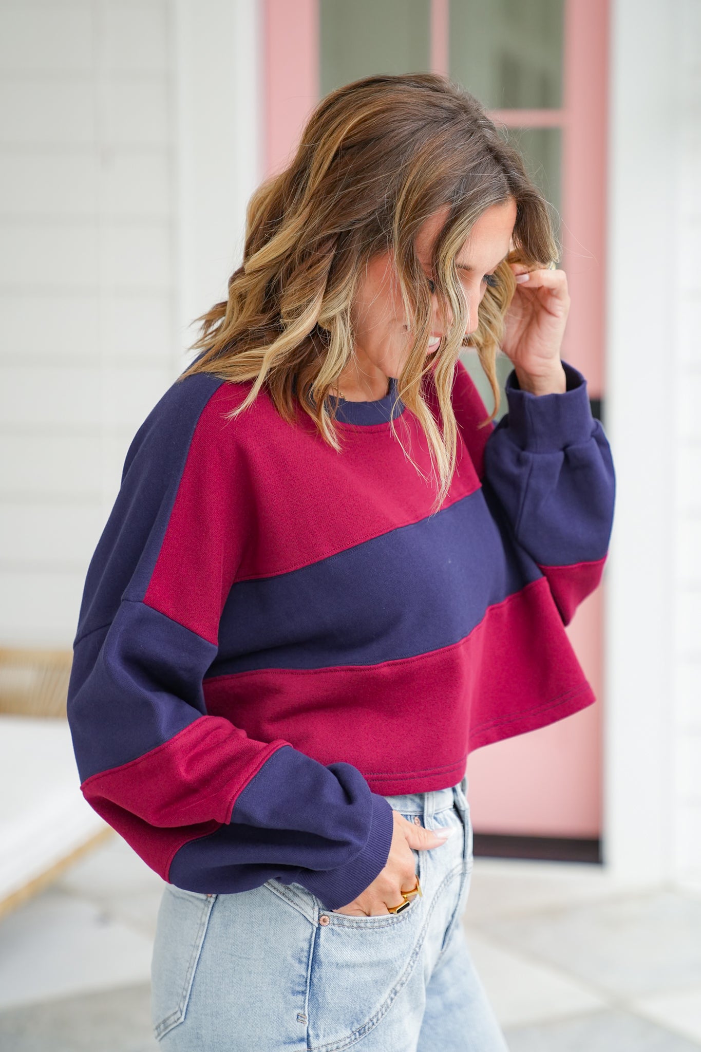 Color Block Long Sleeve Cropped Pullover Top