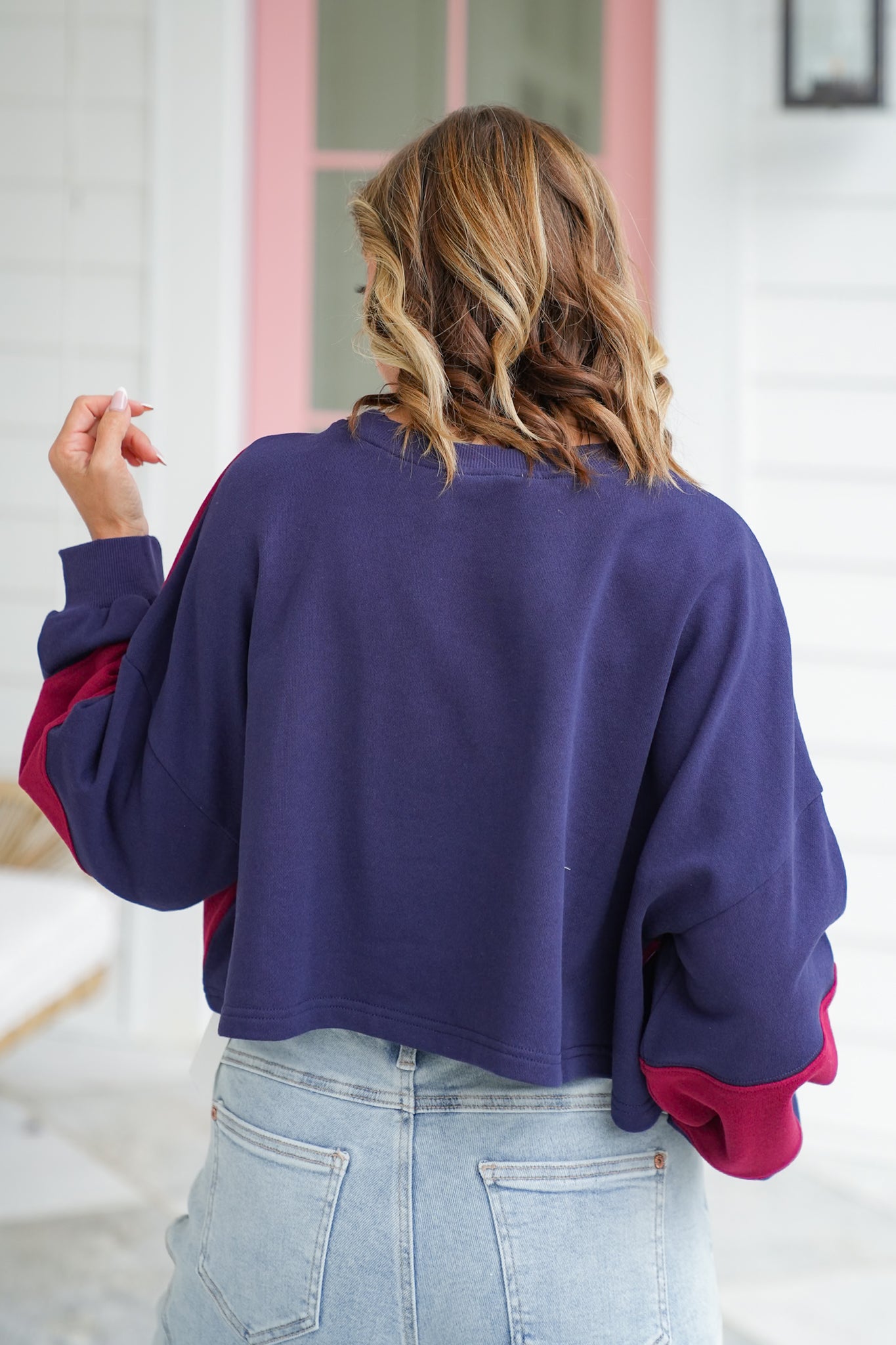 Color Block Long Sleeve Cropped Pullover Top