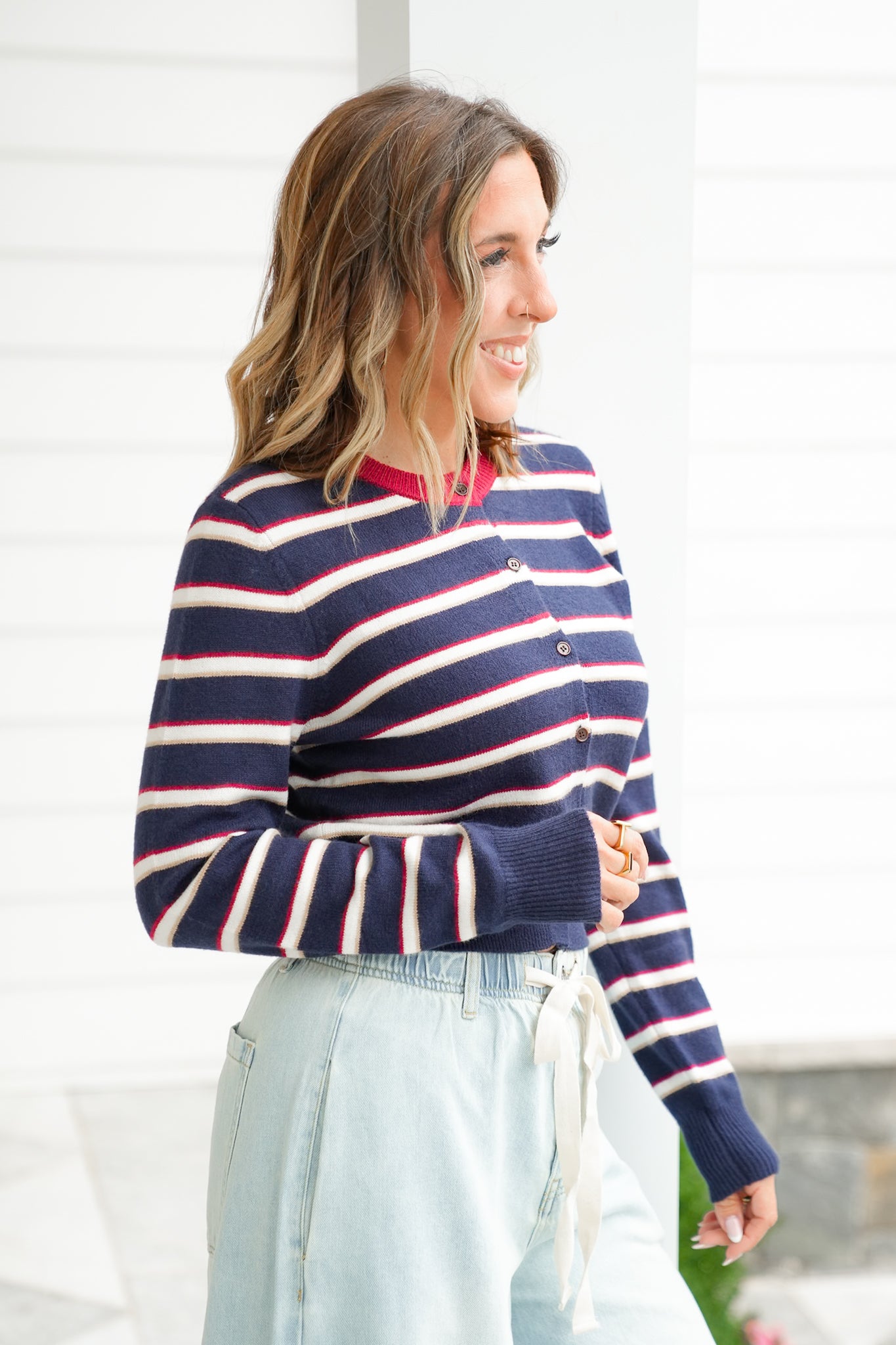 Striped Long Sleeve Button Up Cardigan Sweater Top