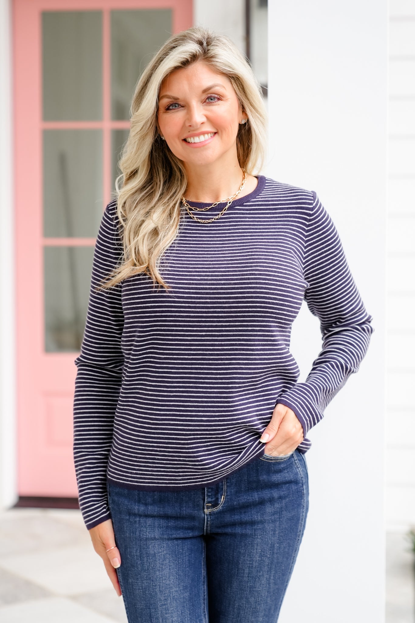 Pinstripe Long Sleeve Pullover Sweater