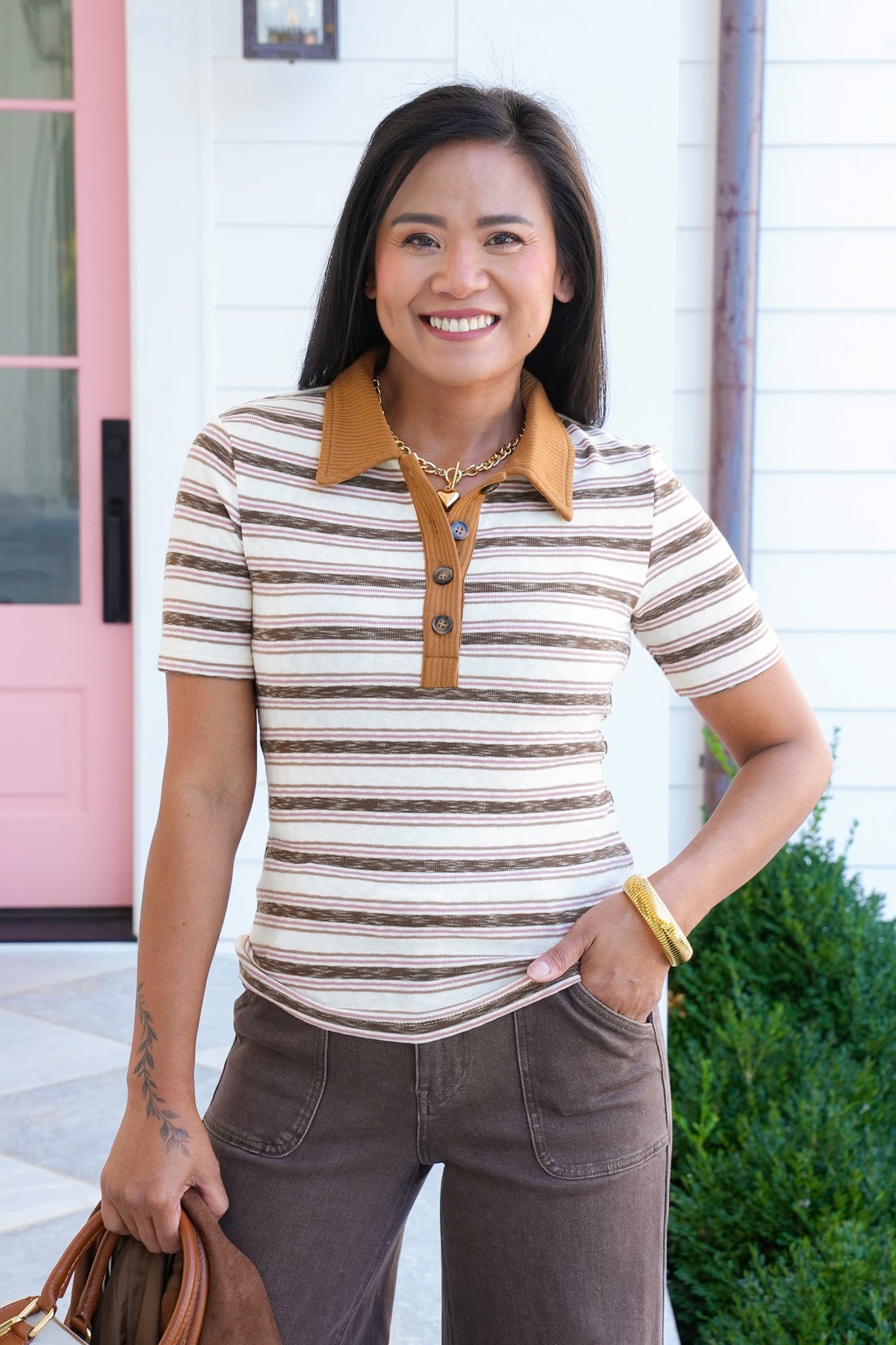 Stripe Short Sleeve Button-Up Polo Top