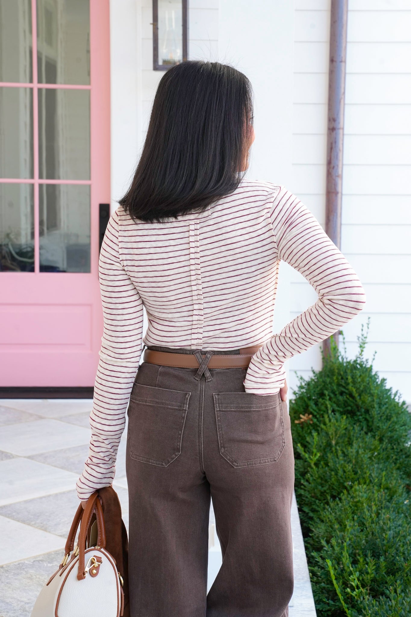 Stripe Long Sleeve Turtle Neck Top with Thumbholes