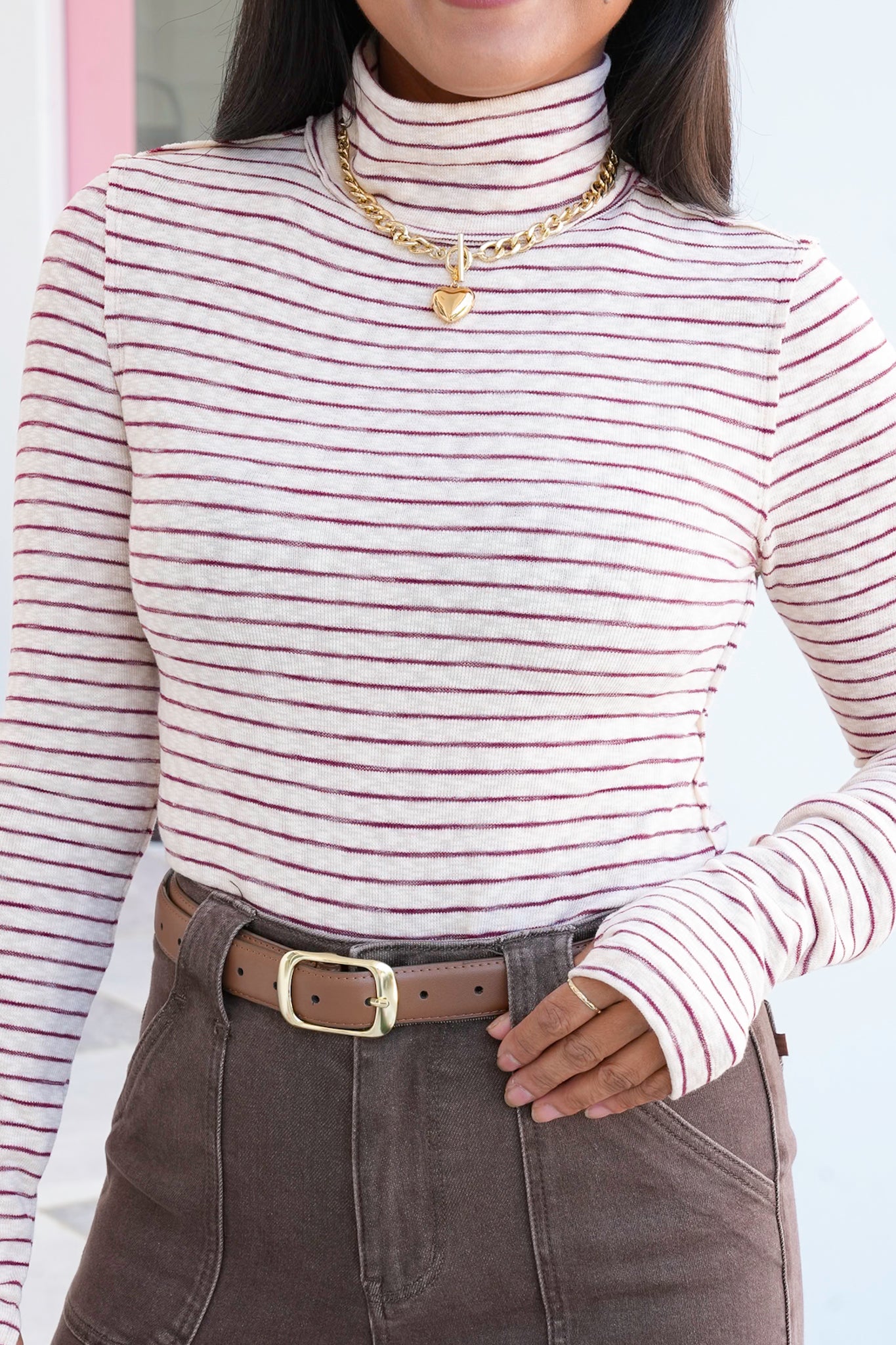 Stripe Long Sleeve Turtle Neck Top with Thumbholes