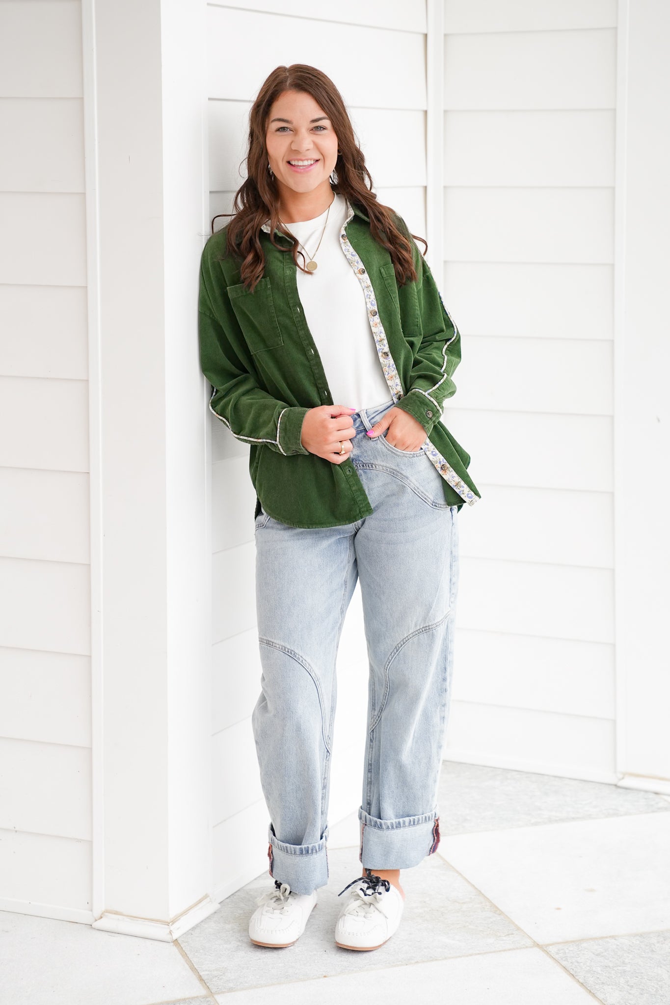 Corduroy Long Sleeve Button Down Top with Floral Detail
