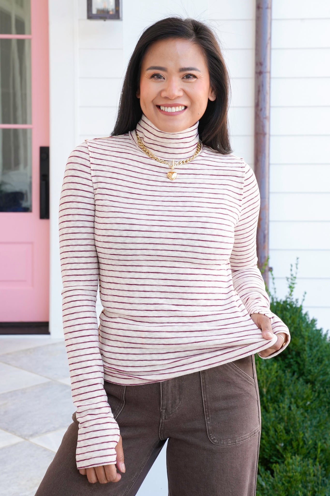 Stripe Long Sleeve Turtle Neck Top with Thumbholes