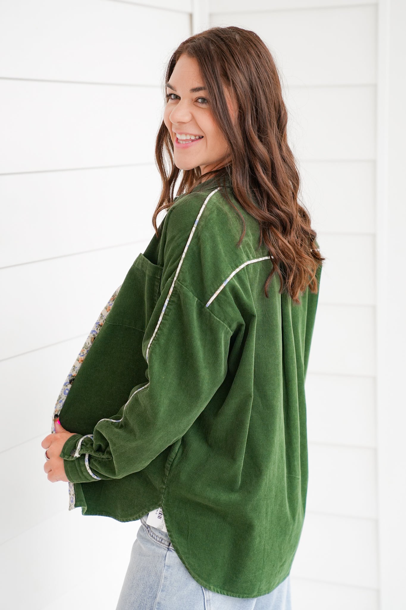 Corduroy Long Sleeve Button Down Top with Floral Detail