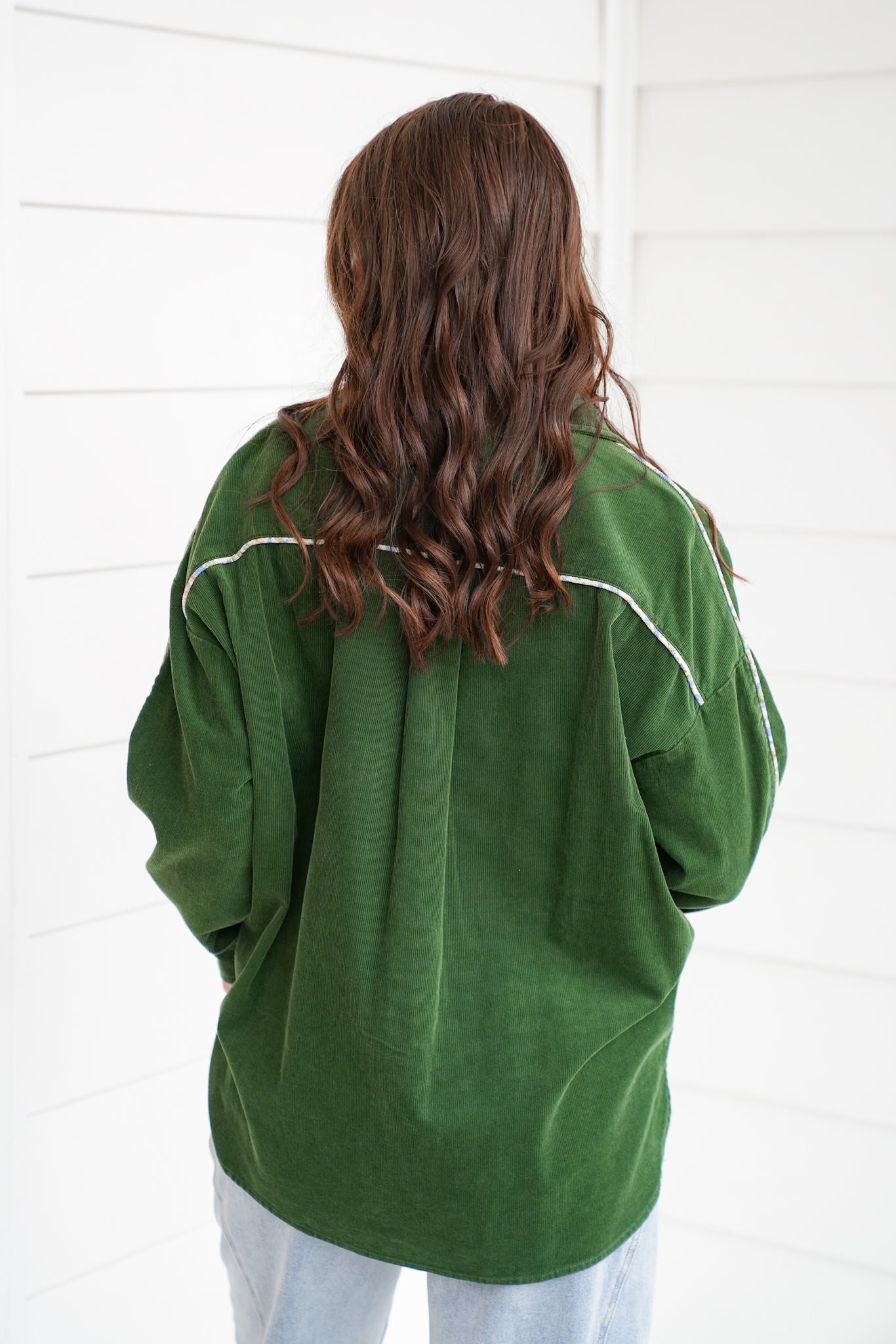 Corduroy Long Sleeve Button Down Top with Floral Detail