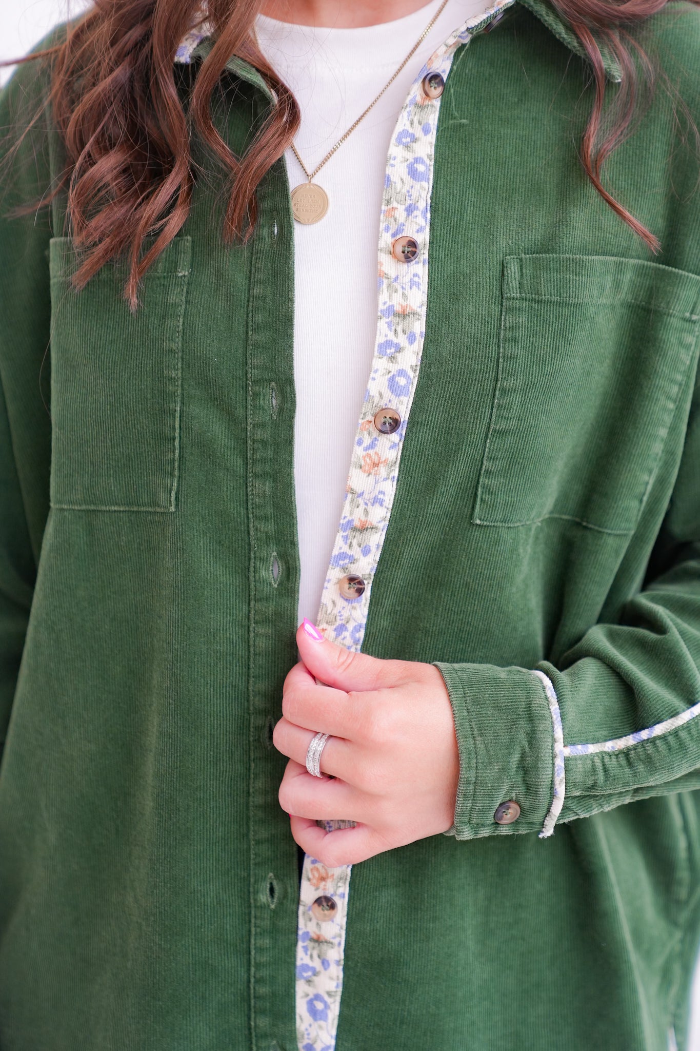 Corduroy Long Sleeve Button Down Top with Floral Detail
