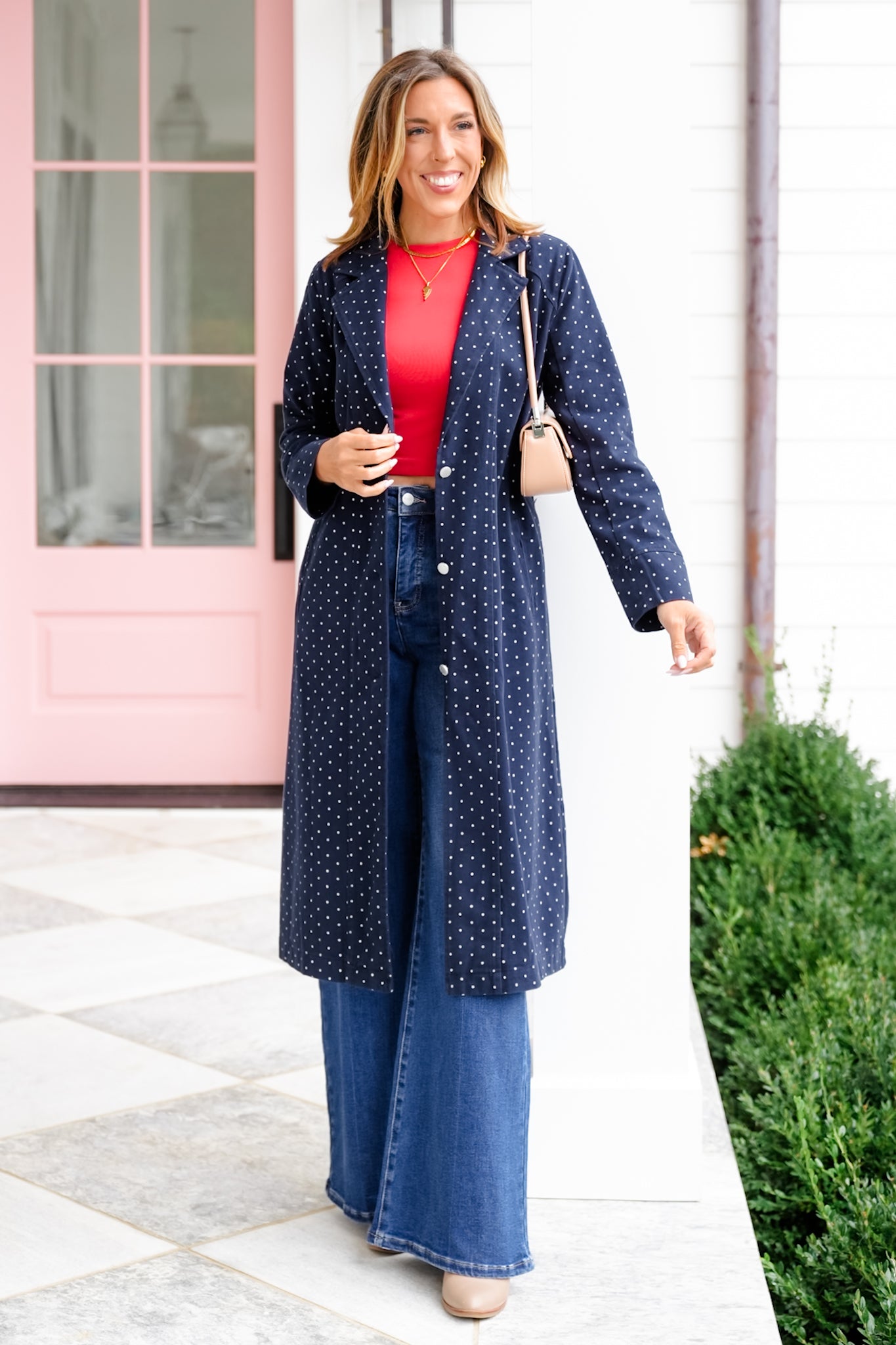 Plus/Reg Polka Dot Pattern Long Sleeve Button Up Duster Jacket