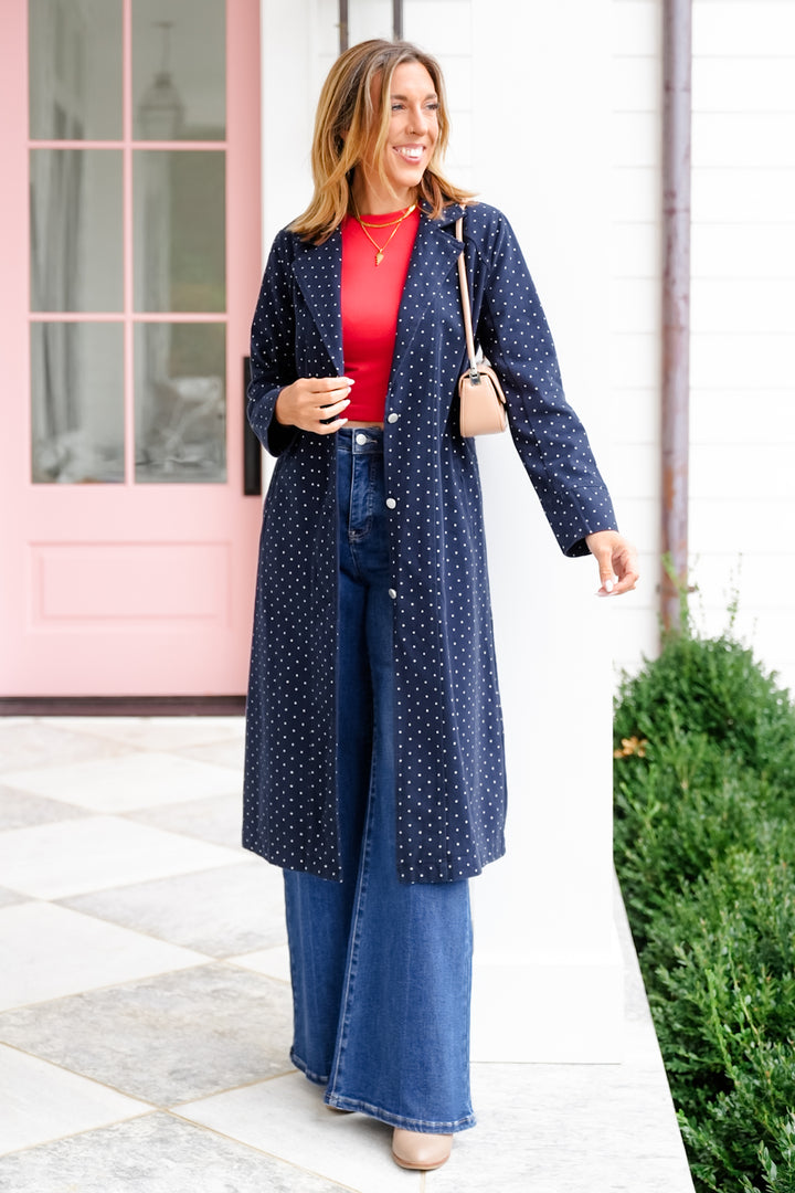 Plus/Reg Polka Dot Pattern Long Sleeve Button Up Duster Jacket