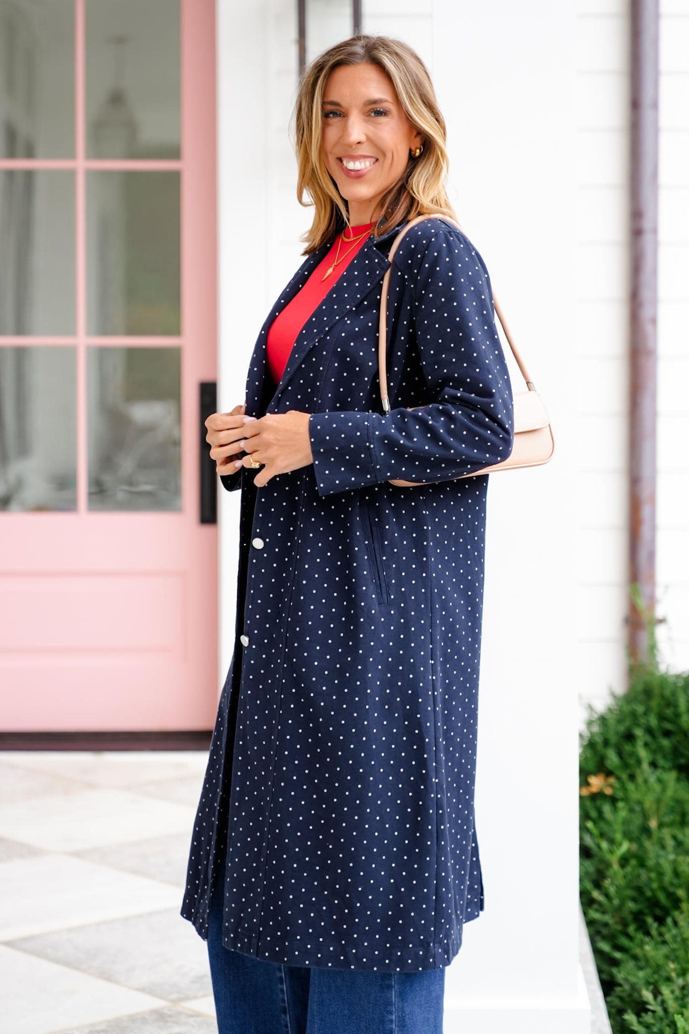 Plus/Reg Polka Dot Pattern Long Sleeve Button Up Duster Jacket