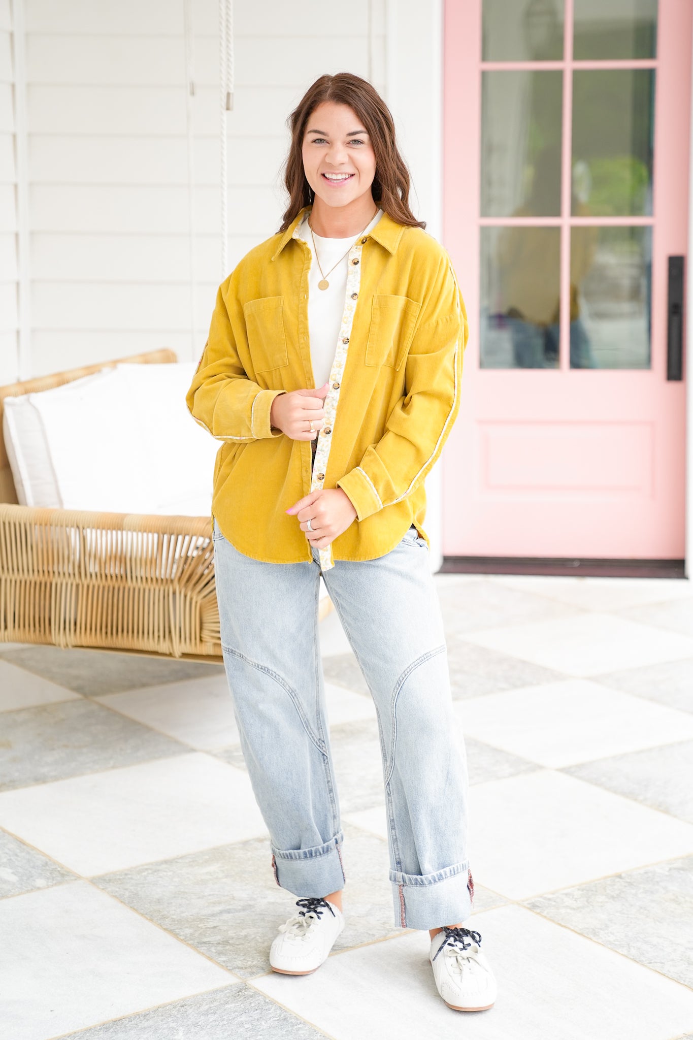 Corduroy Long Sleeve Button Down Top with Floral Detail