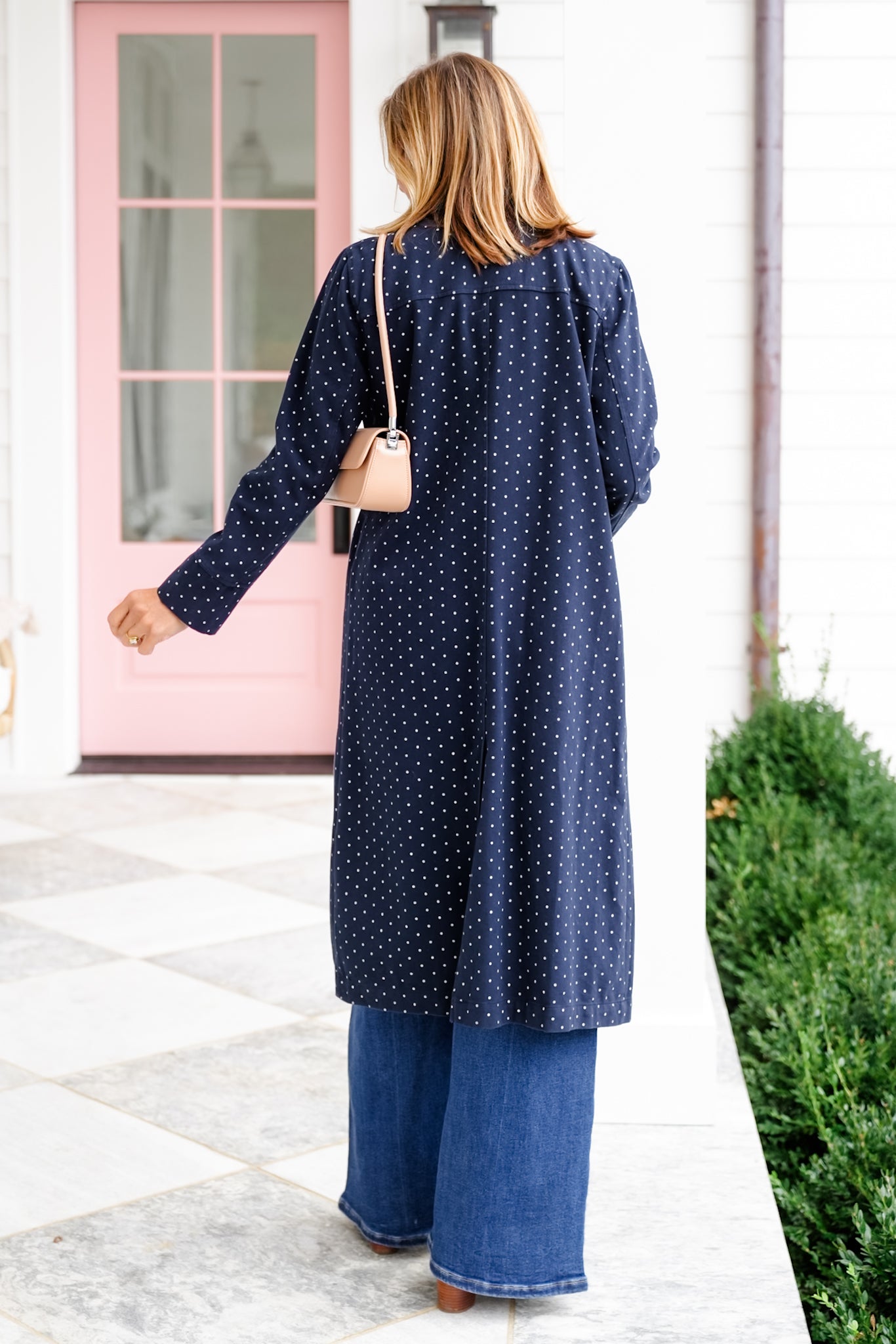 Plus/Reg Polka Dot Pattern Long Sleeve Button Up Duster Jacket