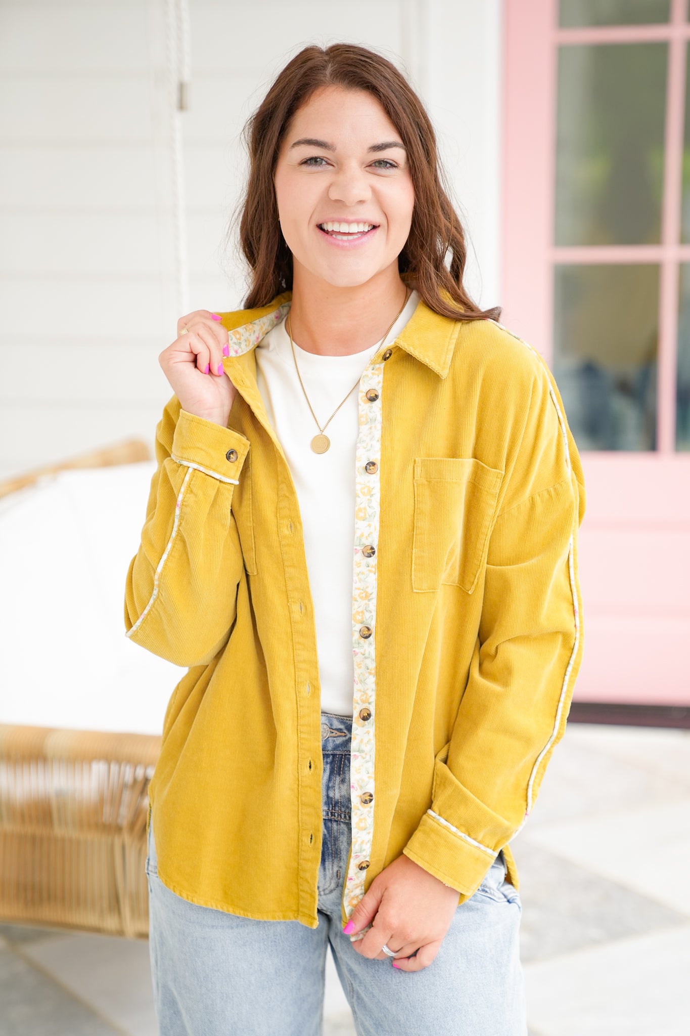 Corduroy Long Sleeve Button Down Top with Floral Detail