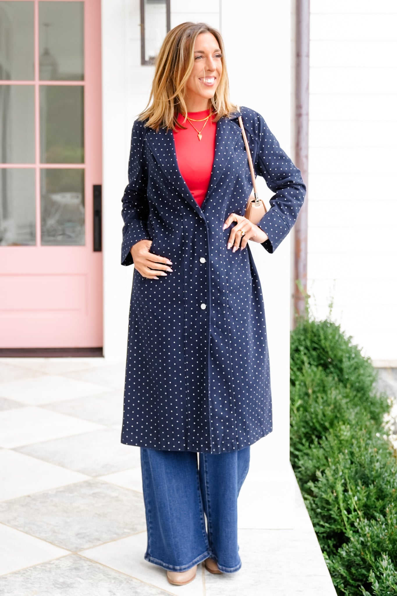 Plus/Reg Polka Dot Pattern Long Sleeve Button Up Duster Jacket