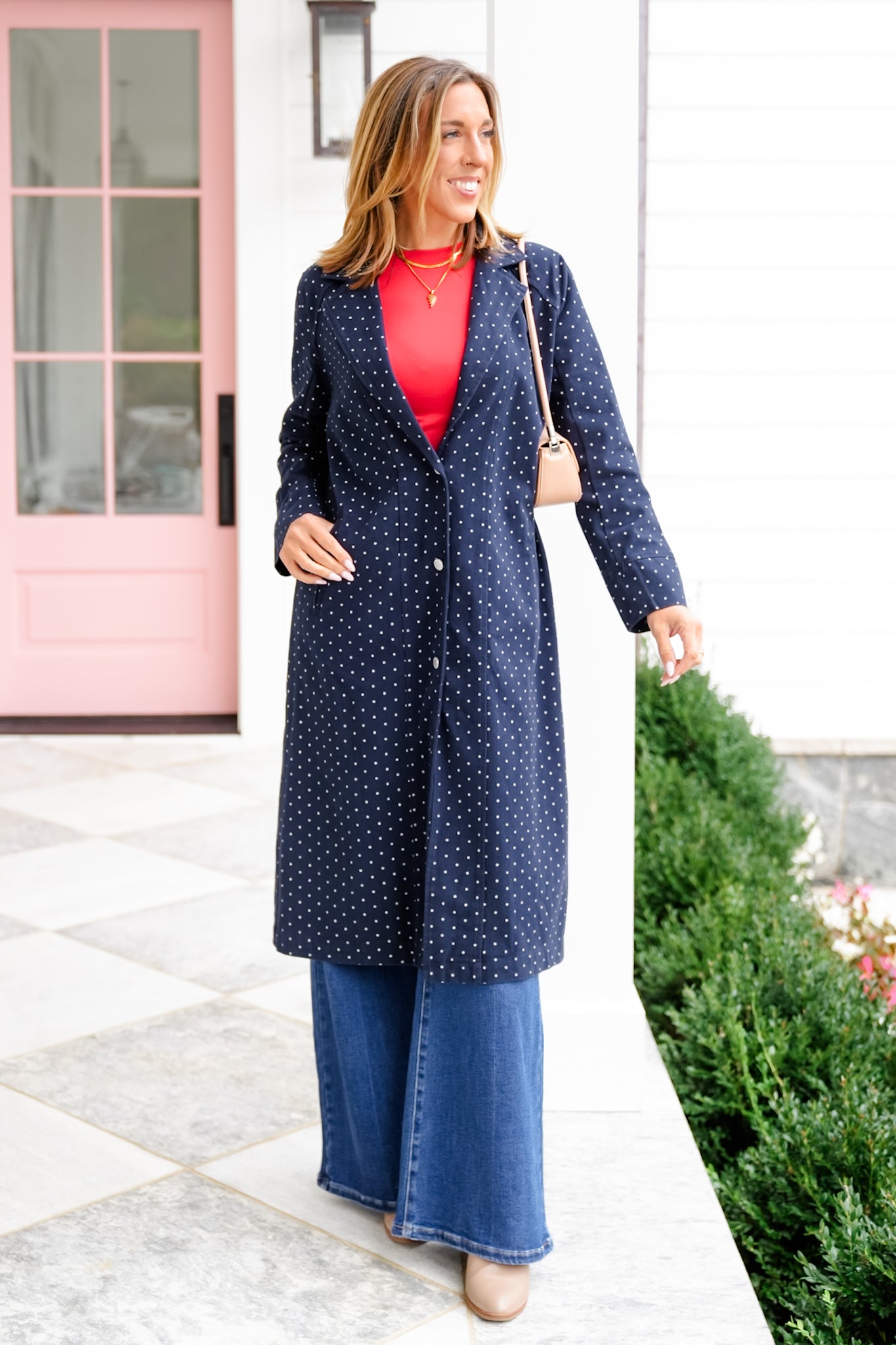 Plus/Reg Polka Dot Pattern Long Sleeve Button Up Duster Jacket