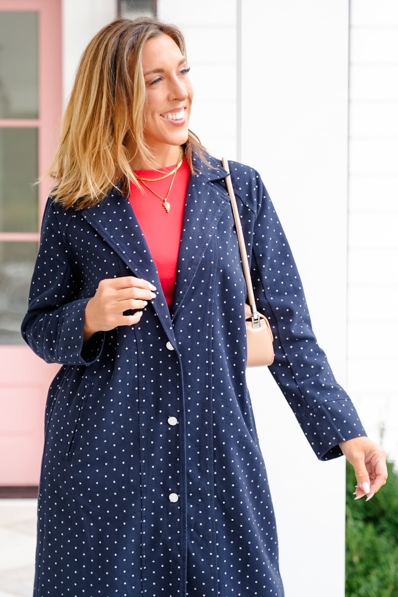 Plus/Reg Polka Dot Pattern Long Sleeve Button Up Duster Jacket