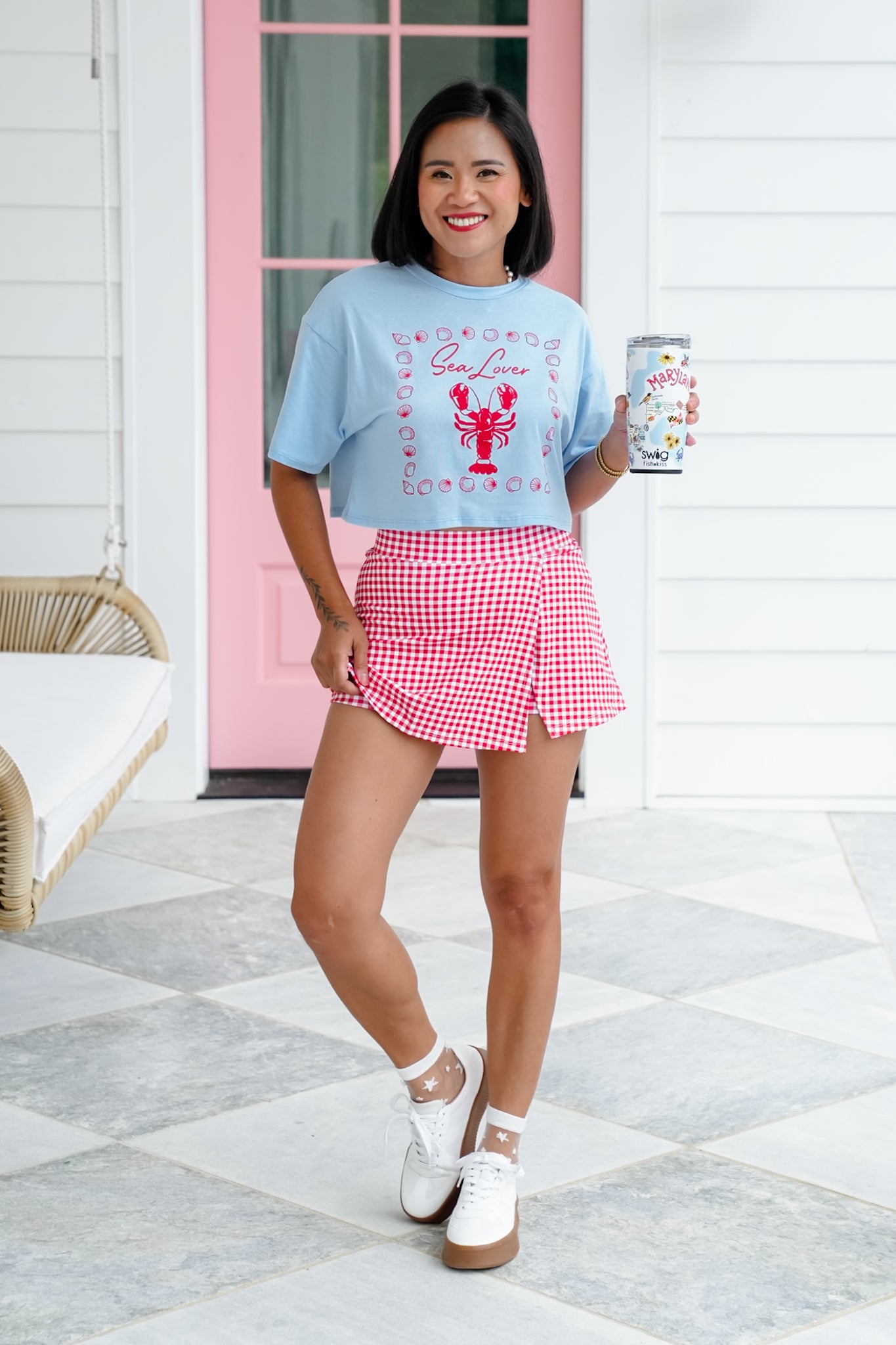 Red Gingham Print Skort with Side Slit Detail