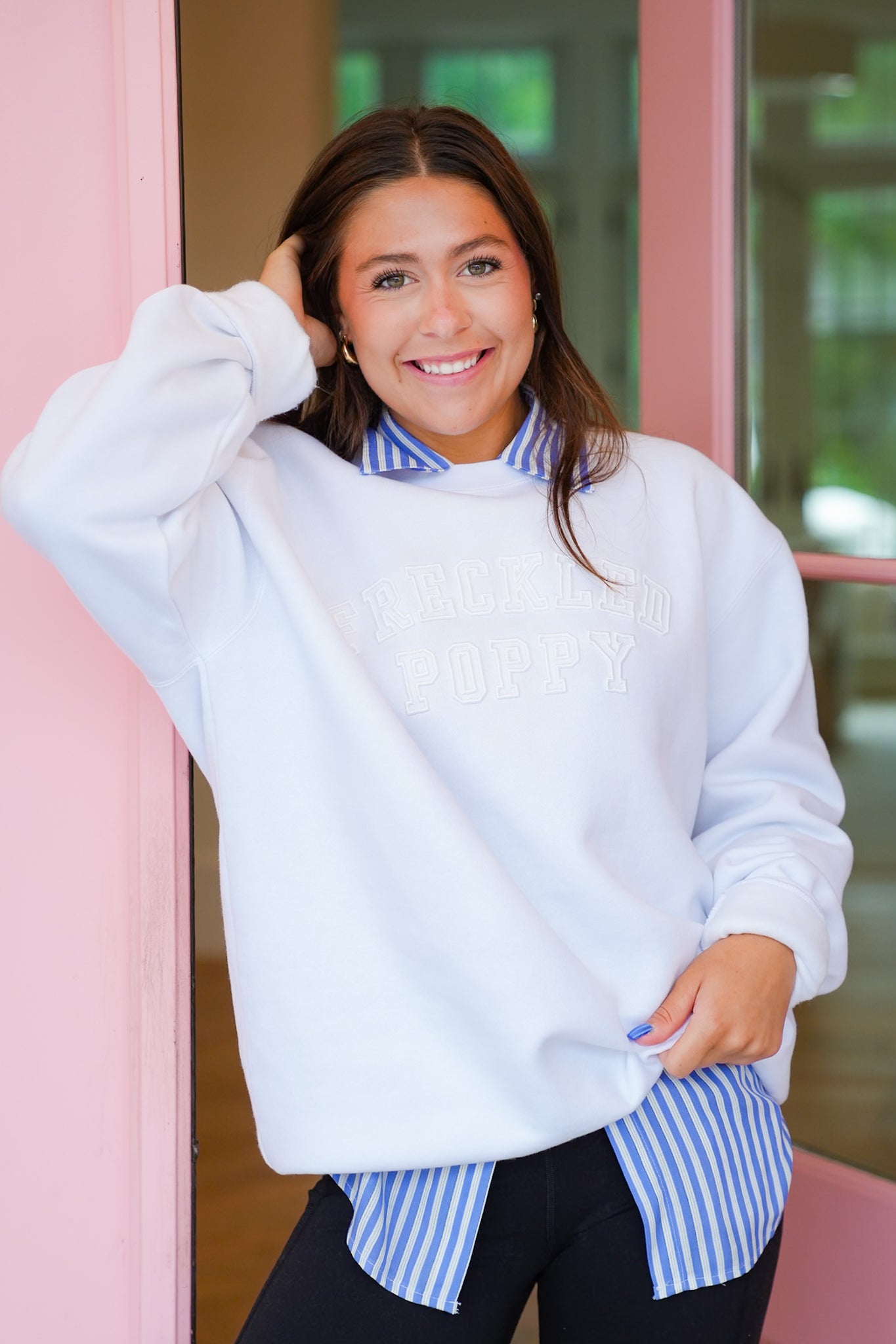 Plus/Reg White Long Sleeve "Freckled Poppy" Graphic Sweatshirt