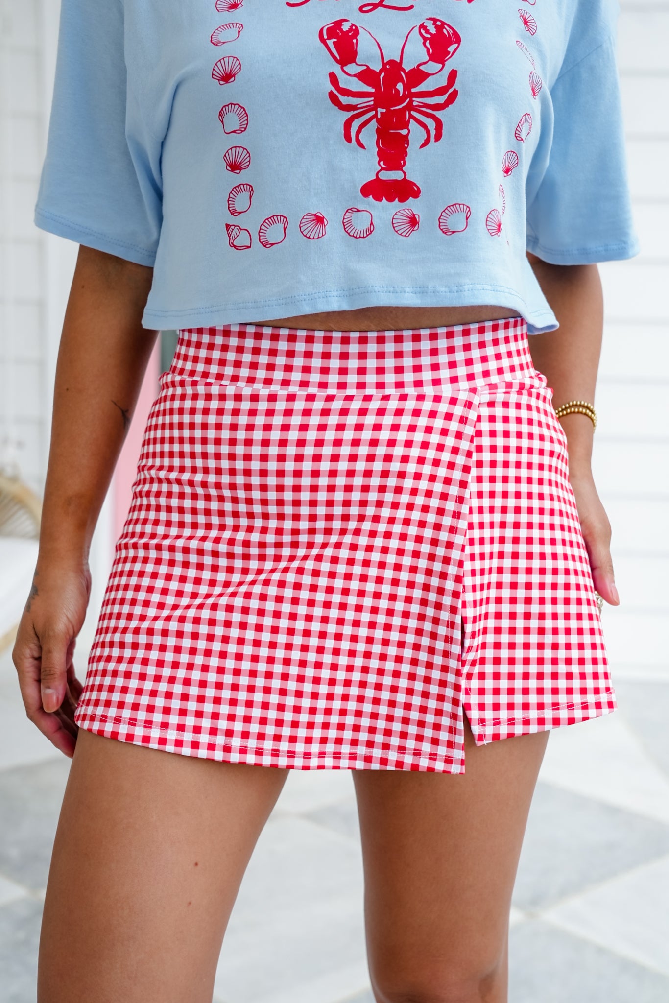 Red Gingham Print Skort with Side Slit Detail