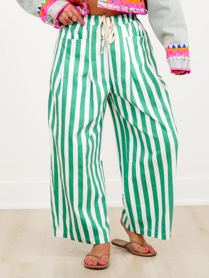 Vertical Stripe Elastic Waist Pants with Patch Pockets