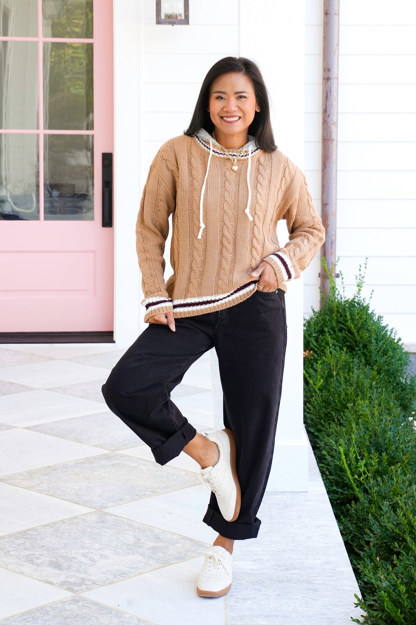Knit Long Sleeve Hooded Sweater With Contrast