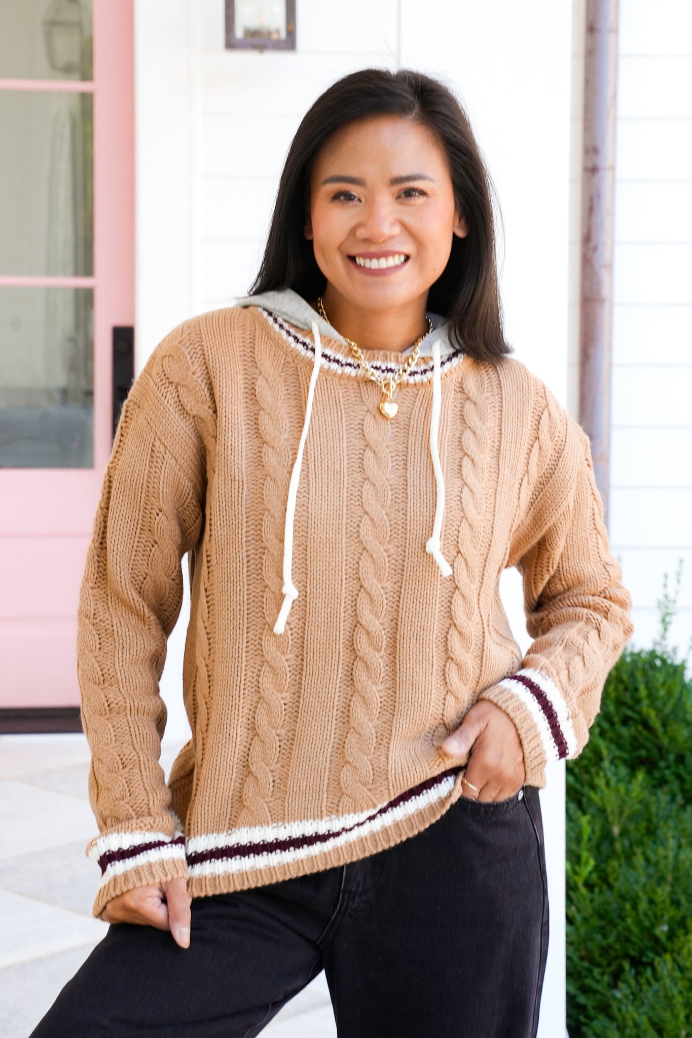 Knit Long Sleeve Hooded Sweater With Contrast