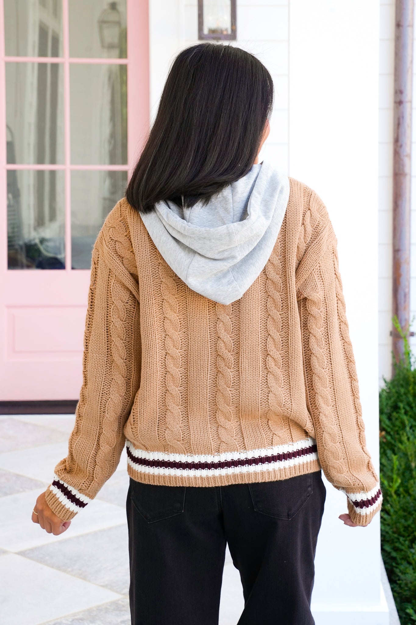 Knit Long Sleeve Hooded Sweater With Contrast